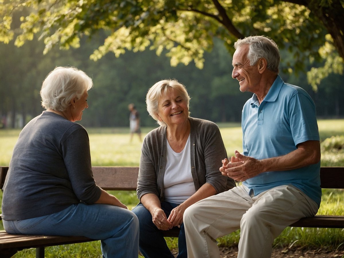 Drei Senioren sitzen auf einer Bank im Freien und unterhalten sich in einer angenehmen Atmosphäre. Sie lachen und scheinen entspannt zu sein, während sie die Natur um sich herum genießen. Die Sonne scheint sanft durch die Bäume, was eine warme und freundliche Stimmung erzeugt. Der grüne Park im Hintergrund trägt zu einem Gefühl der Ruhe und Zufriedenheit bei. Die Regelmäßigkeit von solchen sozialen Interaktionen kann für Senioren langfristige Vorteile bringen, darunter eine Verringerung von Stress und Angst sowie die Förderung des emotionalen Wohlbefindens. Achtsamkeitspraxis in solchen Momenten kann helfen, das Bewusstsein für den gegenwärtigen Moment zu schärfen und die zwischenmenschlichen Beziehungen zu stärken.
