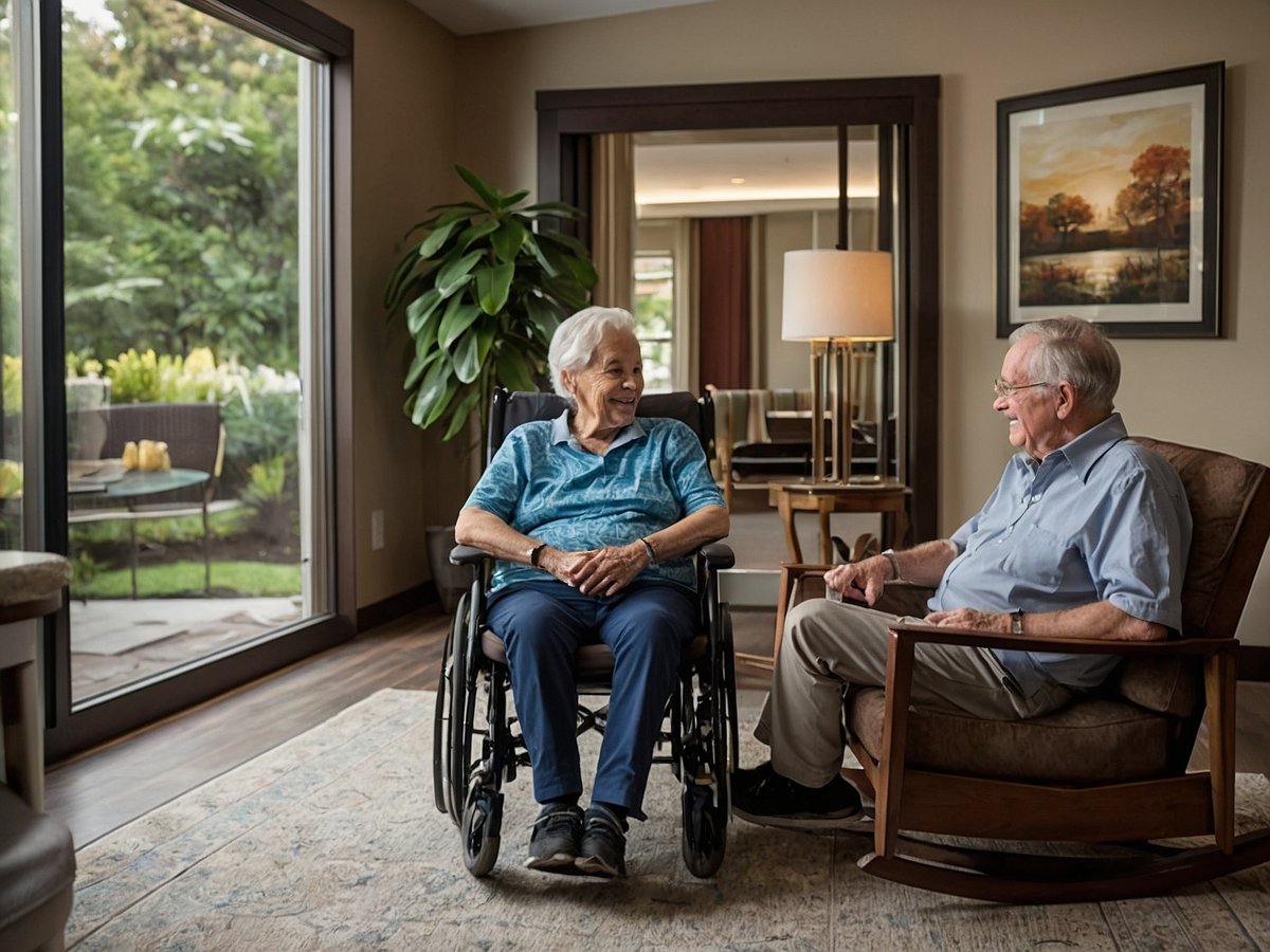 Zwei ältere Menschen sitzen in einem hellen und einladenden Raum. Eine Person ist im Rollstuhl und trägt ein blaues Oberteil, die andere sitzt auf einem Schaukelstuhl. Beide lächeln sich an und scheinen ein angeregtes Gespräch zu führen. Im Hintergrund sind große Fenstertüren zu sehen, die einen Ausblick auf einen begrünten Außenbereich bieten. Die Einrichtung ist modern und freundlich gestaltet, was ein Gefühl von Wärme und Komfort vermittelt. Diese Szene zeigt die Bedeutung von sozialer Interaktion und Lebensqualität für ältere Menschen im eigenen Zuhause.