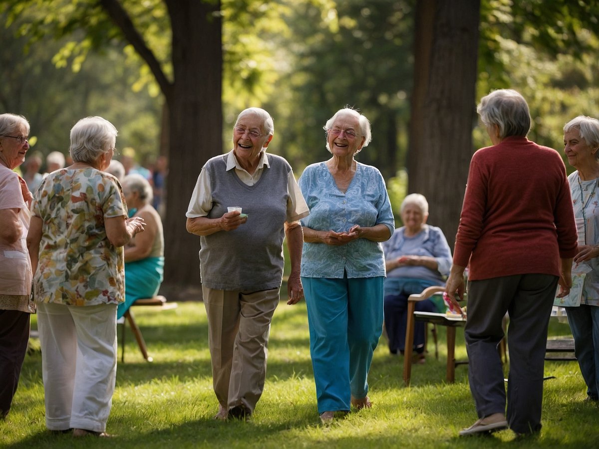 Eine Gruppe älterer Menschen steht in einem Park und hat sichtlich Spaß miteinander. Einige Personen unterhalten sich angeregt, während andere fröhlich lächeln. Ein Mann und eine Frau gehen miteinander und wirken dabei fröhlich. Um sie herum sind weitere Senioren, die sich ebenfalls beteiligen. Im Hintergrund sitzen einige Personen auf Stühlen und beobachten die Aktivitäten. Das Bild vermittelt eine freundliche und einladende Atmosphäre der Gemeinschaft und sozialen Interaktion.