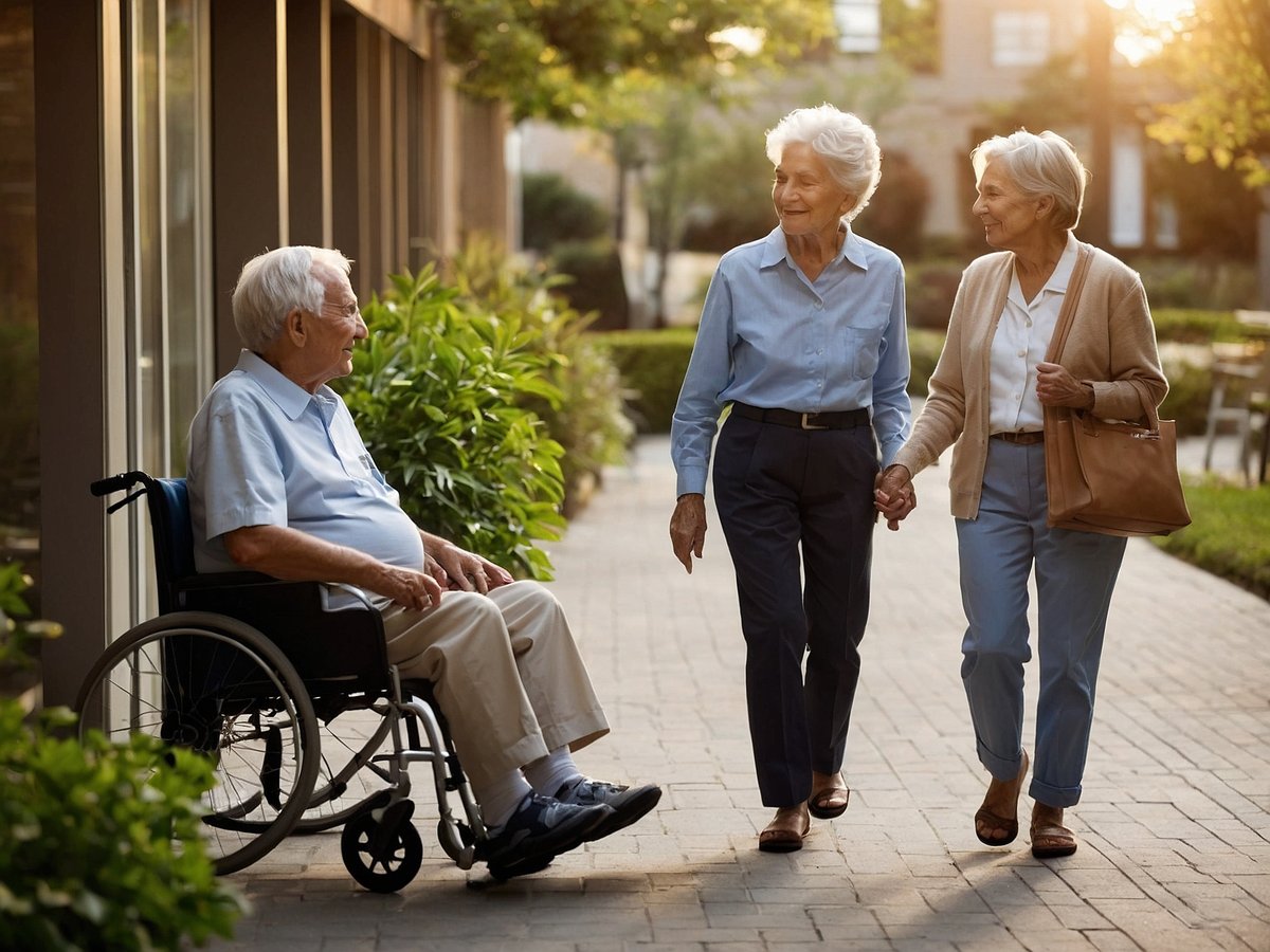Auf dem Bild sind drei ältere Personen im Freien zu sehen. Ein Mann sitzt im Rollstuhl und lächelt, während zwei Frauen, die Hand in Hand gehen, ihm entgegenkommen. Die Frauen tragen bequeme, hellere Kleidung und wirken freundlich und entspannt. Die Umgebung ist grün und sonnig, mit Pflanzen und einem Weg. Die Szene vermittelt eine positive und unterstützende Atmosphäre, die eine Verbindung zwischen den Personen zeigt.