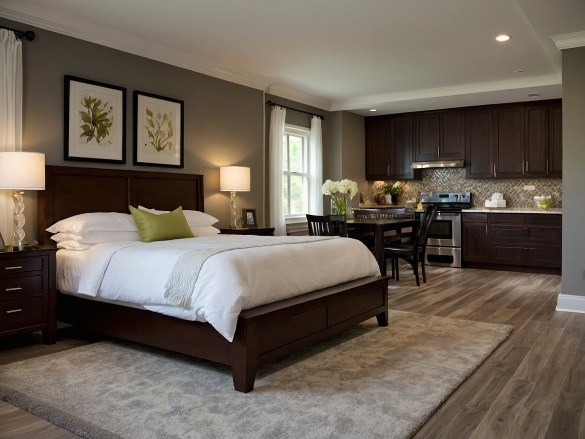 Ein einladendes Zimmer, das eine bequeme Doppelbett mit weißen Bettwaren und einem grünen Kissen zeigt, dazu ein Nachttisch mit einer Lampe. An der Wand hängen zwei Bilder von Pflanzen. Der Raum hat große Fenster mit Vorhängen und einen sanften Teppich auf dem Boden. Im hinteren Bereich ist eine kleine Küche mit dunklen Holzmöbeln, einem Esstisch mit Stühlen sowie einem Herd und einem Kühlschrank. Die gesamte Einrichtung ist hell und freundlich, ideal für eine wohnliche Atmosphäre in der häuslichen Pflege.