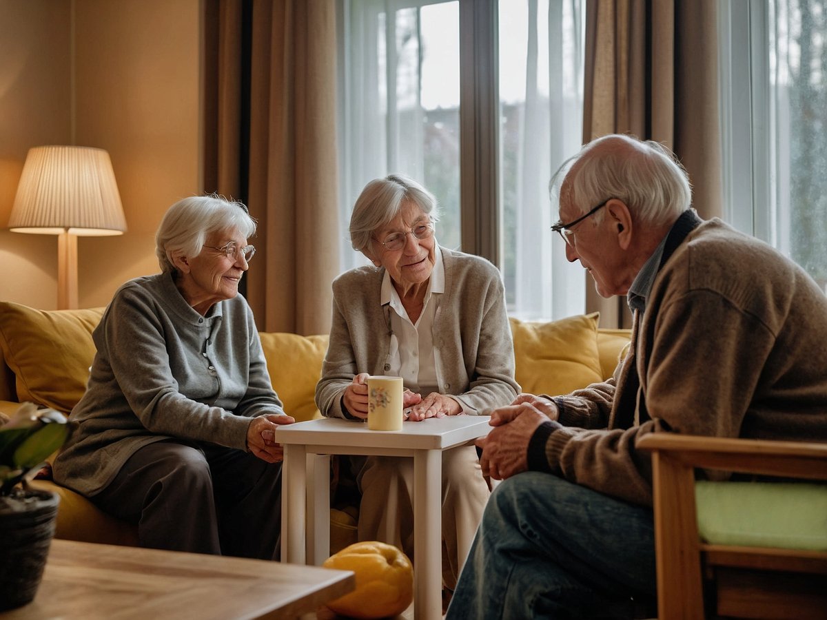 Drei Senioren sitzen in einem gemütlichen Wohnzimmer um einen kleinen Tisch auf einem gelben Sofa es herrscht eine freundliche und entspannte Atmosphäre die beiden Frauen und der Mann scheinen sich angeregt zu unterhalten und genießen die gemeinsame Zeit während sie eine Tasse Kaffee oder Tee in der Hand halten die Situation verdeutlicht die Bedeutung von sozialen Kontakten und emotionaler Unterstützung in der häuslichen Pflege was auch wichtige finanzielle Aspekte für die Aufrechterhaltung von Lebensqualität und Wohlergehen reflektiert