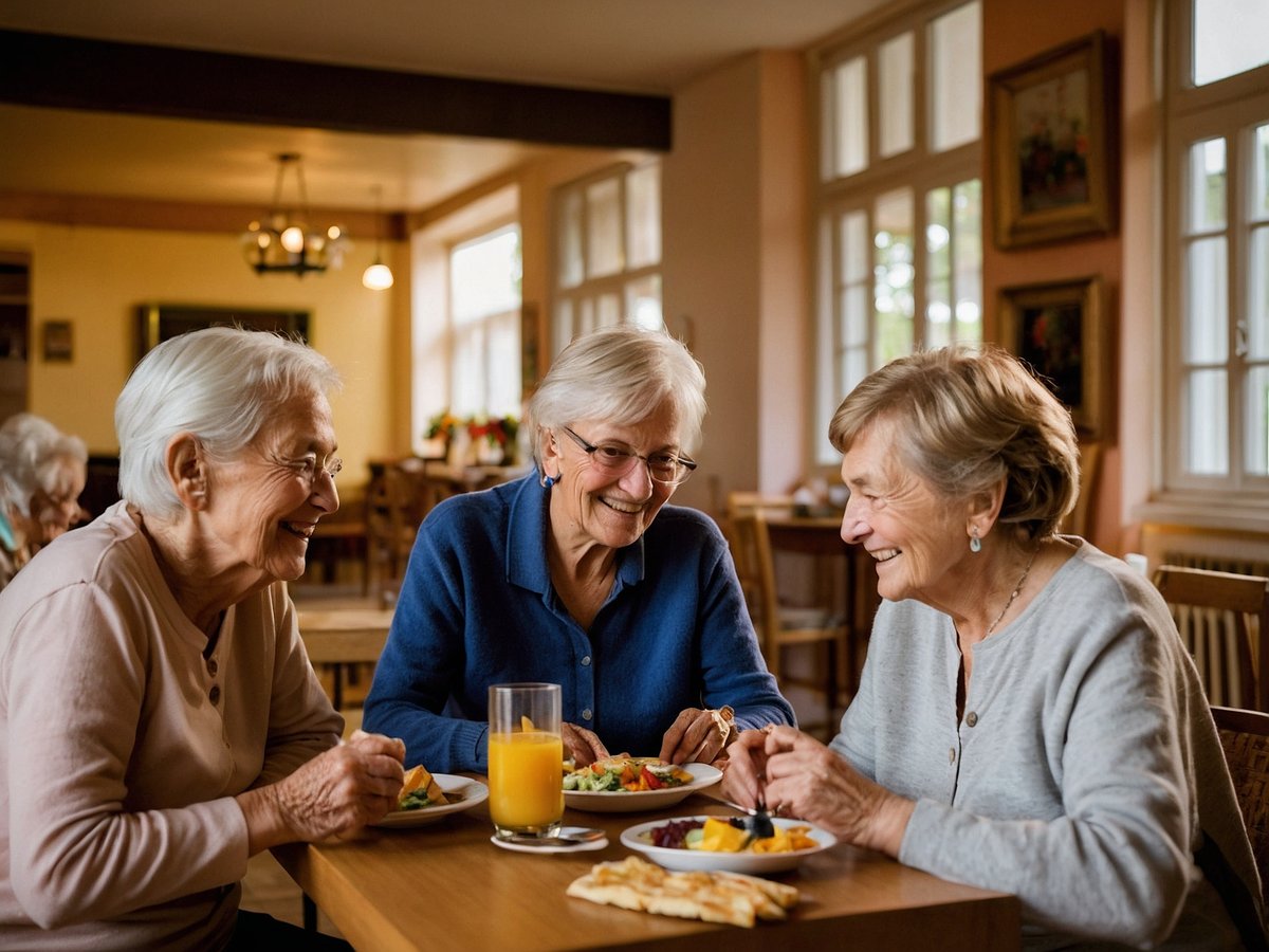 Drei ältere Frauen sitzen an einem Tisch in einem hellen Gemeinschaftsraum und lachen miteinander während sie gemeinsam essen. Auf dem Tisch stehen Teller mit verschiedenen Speisen und Gläser mit Getränken. Die Frauen wirken entspannt und fröhlich, umgeben von einer warmen und einladenden Atmosphäre. Im Hintergrund sind weitere Senioren zu sehen, die an anderen Tischen sitzen und ebenfalls essen oder sich unterhalten. Die großen Fenster lassen viel Tageslicht herein und die Wände sind mit Kunstwerken dekoriert, was den Raum lebendig erscheinen lässt.