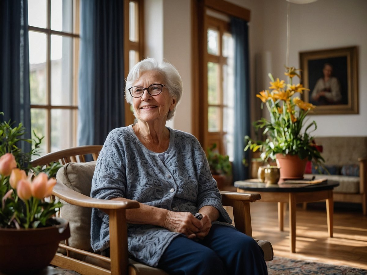 Eine ältere Frau mit grauen Haaren und einer Brille sitzt entspannt in einem hellen und freundlichen Wohnzimmer. Sie trägt einen gemütlichen Pullover und lächelt fröhlich. Um sie herum sind verschiedene Pflanzen und Blumen in Töpfen zu sehen, die eine angenehme Atmosphäre schaffen. Das Licht strömt durch große Fenster und betont den liebevollen und personalisierten Raum. Die häusliche Pflege bietet den Vorteil, dass Senioren in ihrer gewohnten Umgebung bleiben können, was ihr Wohlbefinden und ihre Lebensqualität steigert. Zudem ermöglicht sie eine individuelle Betreuung und Nähe zu Familie und Freunden, was stationäre Pflege oft nicht in gleichem Maße bietet.