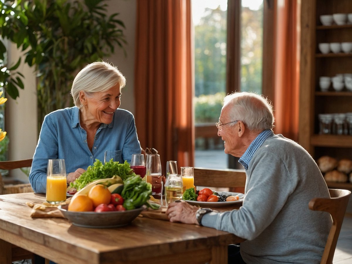 Ein älteres Paar sitzt an einem Tisch, der mit frischen Lebensmitteln gedeckt ist. Vor ihnen stehen verschiedene Getränke wie Orangensaft und Fruchtsäfte, sowie eine große Schüssel mit einer bunten Auswahl an Obst und Gemüse. Sie lachen und unterhalten sich herzlich, während Sonnenlicht durch große Fenster strömt und eine warme Atmosphäre schafft. Die Szene vermittelt eine positive Einstellung zur Ernährung und deren Bedeutung für ein aktives und gesundes Leben im Alter.