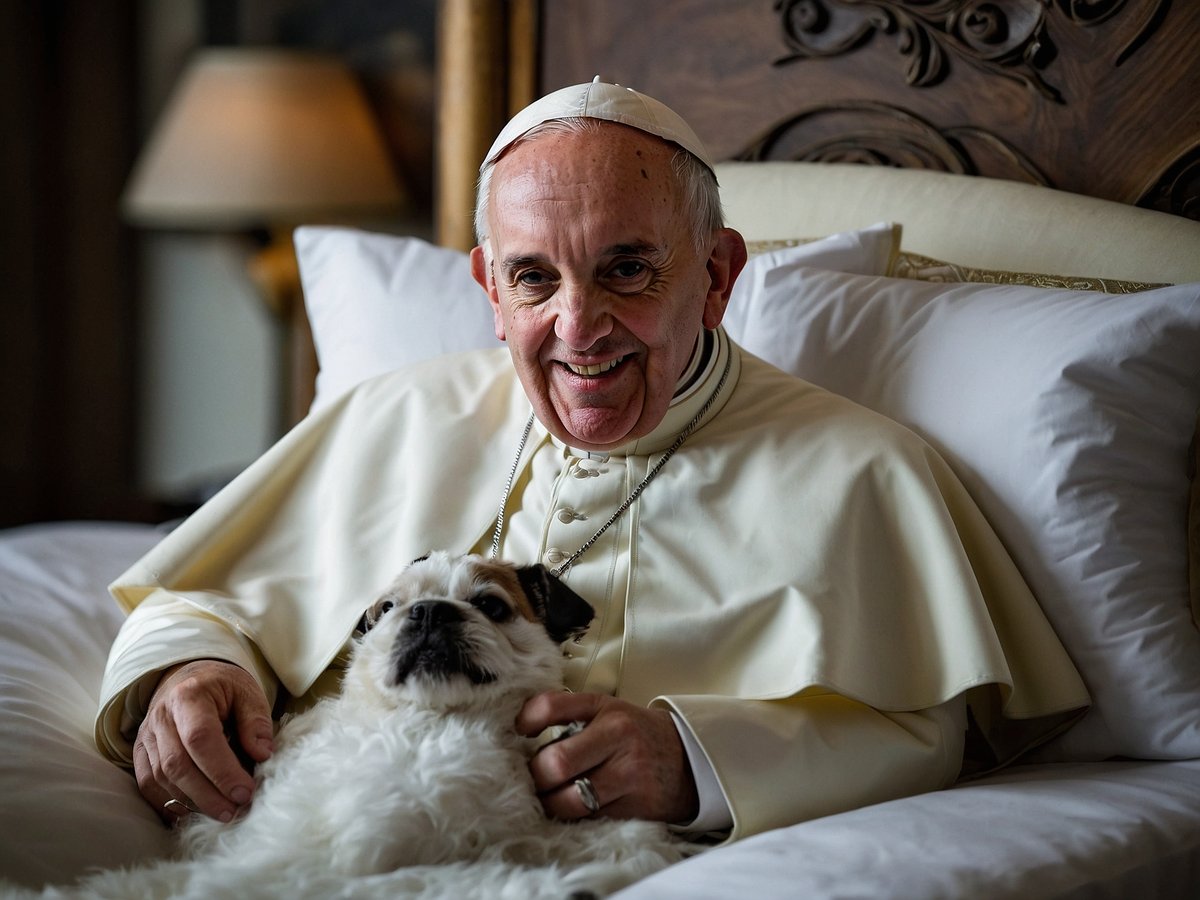 Papst Franziskus sitzt auf einem Bett und lächelt, während er einen kleinen Hund auf seinem Schoß hält. Er trägt sein typisches weißes Gewand und einen Halskragen. Im Hintergrund sind weiche Kissen und eine Lampe zu sehen, die eine gemütliche Atmosphäre schaffen. Der Podest ist auf den Papst und den Hund fokussiert, was den liebevollen Moment zwischen ihnen betont.