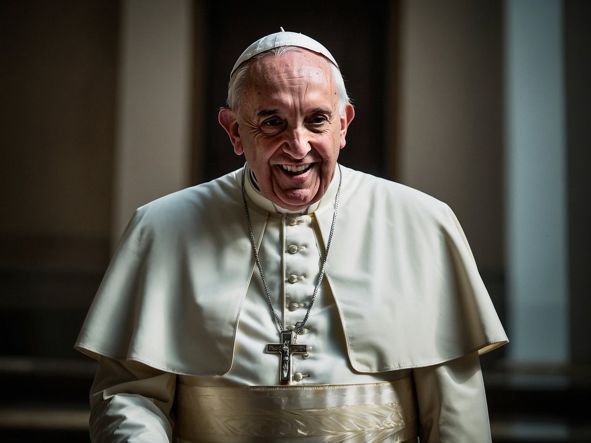 Papst Franziskus steht lächelnd in einem hellen Raum. Er trägt eine weiße Soutane und einen Dalmatiker mit einer goldenen Obi. Um seinen Hals hängt eine silberne Kette mit einem Kreuz. Sein Gesicht zeigt einen freundlichen Ausdruck, während er in die Kamera blickt, und sein gesichtlicher Ausdruck vermittelt eine Stimmung von positiver Energie und Optimismus. Im Hintergrund sind unscharfe architektonische Elemente zu erkennen, die dem Bild eine ruhige Atmosphäre verleihen.