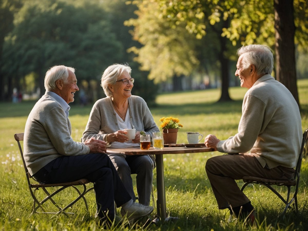 Ältere Menschen sitzen an einem Tisch im Freien in einem Park und genießen gemeinsam Getränke. Die beiden Männer und die Frau lachen und unterhalten sich entspannt. Eine Topfpflanze mit gelben Blumen steht auf dem Tisch, umgeben von Gläsern und Tassen. Das Bild strahlt eine Atmosphäre von Geselligkeit und Lebensfreude aus, was die Bedeutung von sozialen Interaktionen für die Lebensqualität und Lebensdauer unterstreicht. Genetik spielt ebenfalls eine Rolle in der Lebensspanne und Beeinflussung der Gesundheit im Alter, was durch den Lebensstil und die emotionale Unterstützung in der Gemeinschaft ergänzt wird.