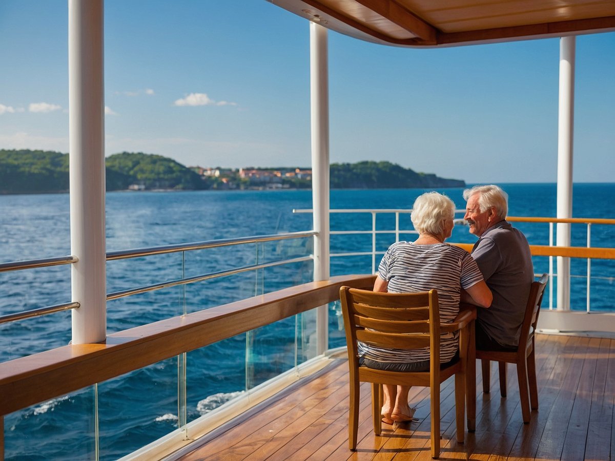 Ein älteres Paar sitzt entspannt an einem Tisch auf dem Balkon eines Kreuzfahrtschiffes. Sie betrachten den weiten Ozean und die sanfte Küstenlandschaft, die im Hintergrund zu sehen ist. Das Wasser spiegelt das Licht der Sonne wider, während der Himmel klar und blau ist. Die Atmosphäre strahlt Ruhe und Zufriedenheit aus und zeigt die entspannte Art des Reisens mit einem Kreuzfahrtschiff.