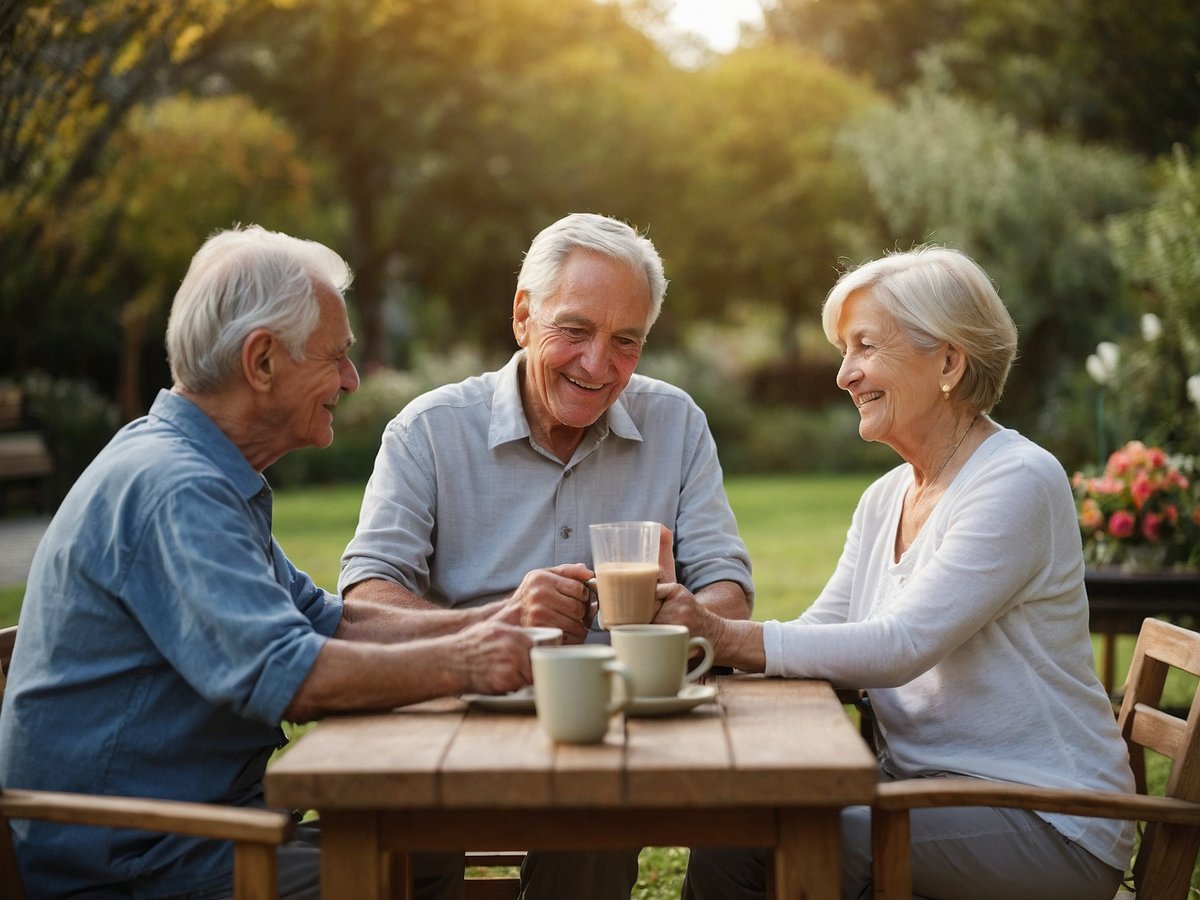 Auf dem Bild sind drei Senioren zu sehen, die in einem schönen Garten an einem Tisch sitzen und sich unterhalten. Sie wirken entspannt und lachen gemeinsam, während sie Getränke in Tassen vor sich haben. Die Umgebung ist grün und einladend, mit Pflanzen und Blumen im Hintergrund. Die Interaktion der drei Personen zeigt, wie wichtig soziale Kontakte und gemeinsames Essen für einen gesunden Lebensstil und Langlebigkeit sind. Die warmen Farben des Sonnenlichts verleihen der Szene eine freundliche und positive Atmosphäre.