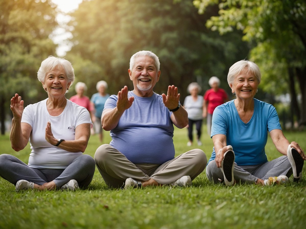 Drei Senioren sitzen auf einer Wiese und lächeln entspannt in die Kamera während sie körperliche Aktivitäten ausüben. Sie tragen sportliche Kleidung und wirken fit und glücklich. Im Hintergrund sind weitere Senioren zu sehen, die sich ebenfalls aktiv bewegen. Die Szene vermittelt eine positive Einstellung zu Gesundheit und Fitness im Seniorenalter und zeigt die Freude an gemeinschaftlicher Bewegung im Freien.