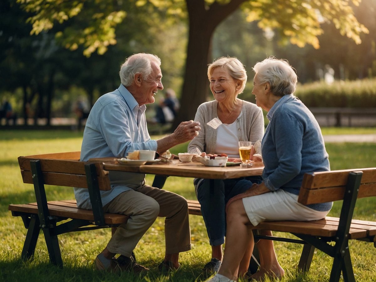Auf dem Bild sind drei ältere Menschen zu sehen, die zusammensitzen und sich angeregt unterhalten. Sie sitzen an einem Tisch im Freien, umgeben von grünem Gras und Bäumen, was eine entspannte Atmosphäre schafft. Die Gesichtsausdrücke der Personen zeigen Freude und Gelassenheit, während sie gemeinsam Zeit verbringen. Auf dem Tisch stehen einige Snacks und Getränke, was auf eine gesellige Runde hindeutet. Dieses Bild verdeutlicht den positiven Einfluss sozialer Beziehungen auf das Wohlbefinden im Alter und die Bedeutung von Gemeinschaft für die Lebensqualität älterer Menschen.