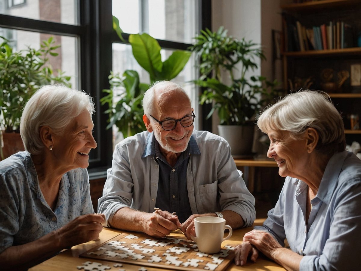 Auf dem Bild sind drei ältere Menschen zu sehen, die an einem Tisch sitzen und ein Puzzle zusammensetzen. Sie lachen und haben sichtlich Freude an ihrer gemeinsamen Aktivität. Auf dem Tisch steht eine Tasse Kaffee und einige Puzzlestücke sind verteilt. Im Hintergrund sind Pflanzen zu sehen, die eine gemütliche und einladende Atmosphäre schaffen. Diese Szene verdeutlicht die Bedeutung mentaler Fitness für ältere Menschen, da das Lösen von Puzzles das Gehirn aktiv hält und soziale Interaktion fördert.