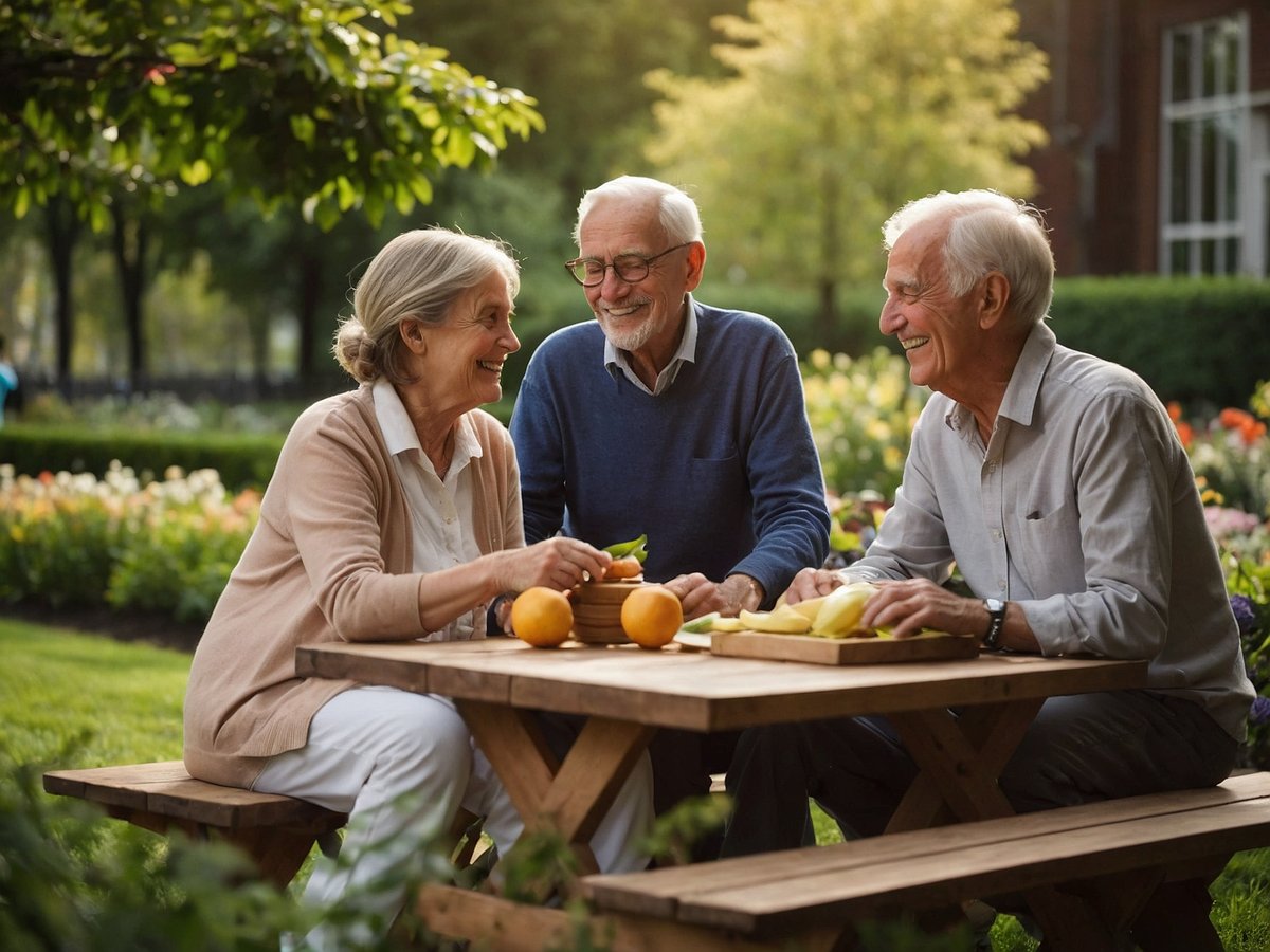 Eine Gruppe älterer Menschen sitzt entspannt an einem Holztisch in einem Garten. Sie lachen und teilen sich frisches Obst wie Orangen und Äpfel. Die Umgebung ist grün und blühend, was eine einladende Atmosphäre schafft. Diese freundliche Interaktion zeigt die positive Verbindung zwischen Ernährung, sozialer Interaktion und der Förderung der geistigen Gesundheit im Alter. Die Szene vermittelt ein Gefühl von Gemeinschaft und Wohlbefinden.
