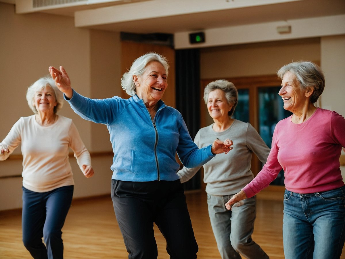 Eine Gruppe älterer Frauen ist in einem hellen Raum aktiv und fröhlich am Tanzen. Die Atmosphäre ist lebendig und voller Freude, während sie sich im Rhythmus der Musik bewegen. Man sieht, dass sie Spaß haben und sich gegenseitig anfeuern. Ihre Gesichtsausdrücke strahlen Zufriedenheit und Lebenskraft aus. Die Bewegung fördert nicht nur die körperliche Fitness, sondern trägt auch zur mentalen Gesundheit bei, indem sie positive Emotionen und Gemeinschaftsgefühl stärkt.