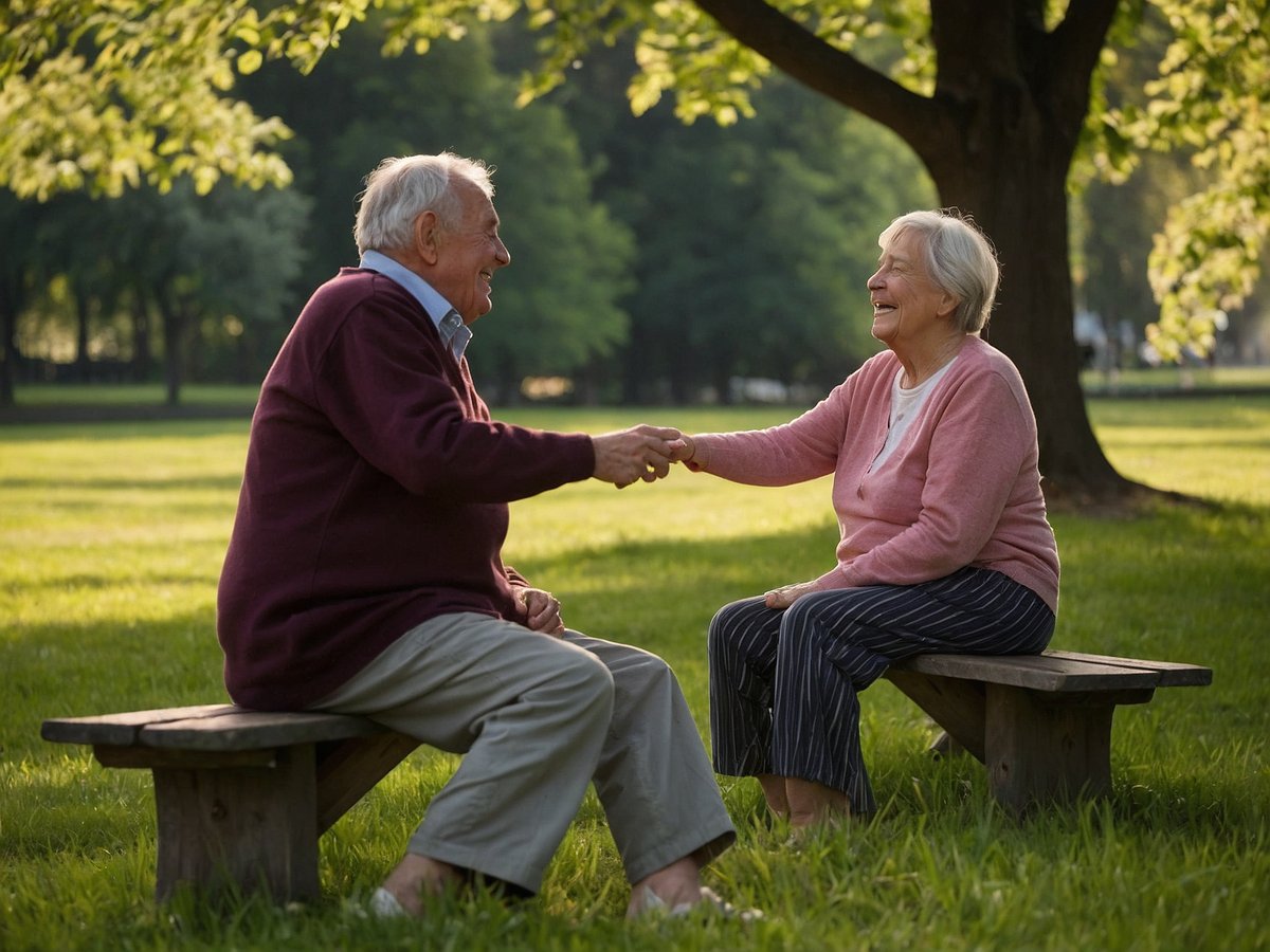 Ein älteres Paar sitzt auf Holzbänken in einem Park und hält sich beide an den Händen. Sie lachen und schauen sich an, während sie eine freundliche Unterhaltung führen. Im Hintergrund sind grüne Bäume und sonnendurchflutetes Gras zu sehen, was eine angenehme und entspannte Atmosphäre schafft. Der Herr trägt einen dunkelroten Pullover und die Dame einen rosa Cardigan mit gestreiften Hosen. Die Szene strahlt Freude und Verbundenheit aus.