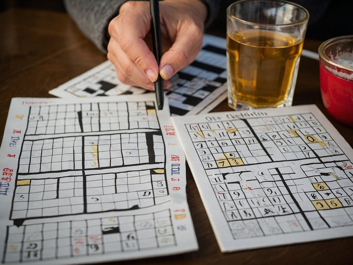 Auf dem Bild ist eine hand mit einem stift zu sehen, die an einem blatt mit Zahlen und Kästchen arbeitet. Es handelt sich um ein rätsel oder spiel, möglicherweise eine sudoku- oder kreuzworträtselvorlage. Neben dem blatt steht ein glas mit einem goldfarbenen getränk und eine kleine rote tasse. Auf dem tisch sind weitere blätter mit gittermustern und zahlen zu sehen, die darauf hindeuten, dass die person an einer kognitiven Übung arbeitet. Das ambiente wirkt gemütlich und einladend.