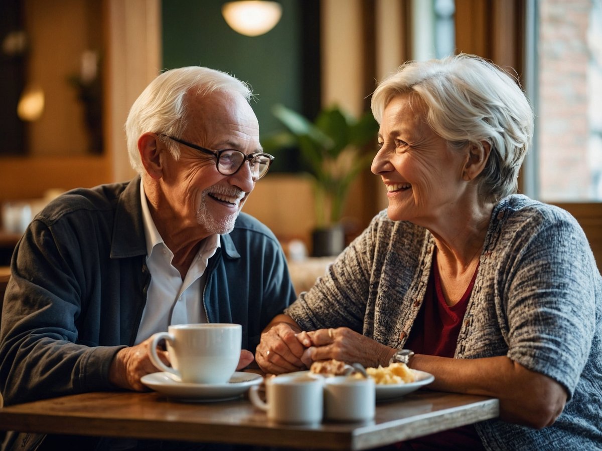 Zwei Senioren sitzen an einem Tisch in einem gemütlichen Café und lächeln sich an während sie miteinander sprechen. Auf dem Tisch stehen zwei Tassen Kaffee und ein Teller mit verschiedenen Speisen. Die warme Atmosphäre und die freundliche Interaktion zwischen den beiden Personen zeigen die positive Wirkung von sozialen Begegnungen im Alter, die zu einem Gefühl von Verbundenheit und Lebensfreude beitragen.