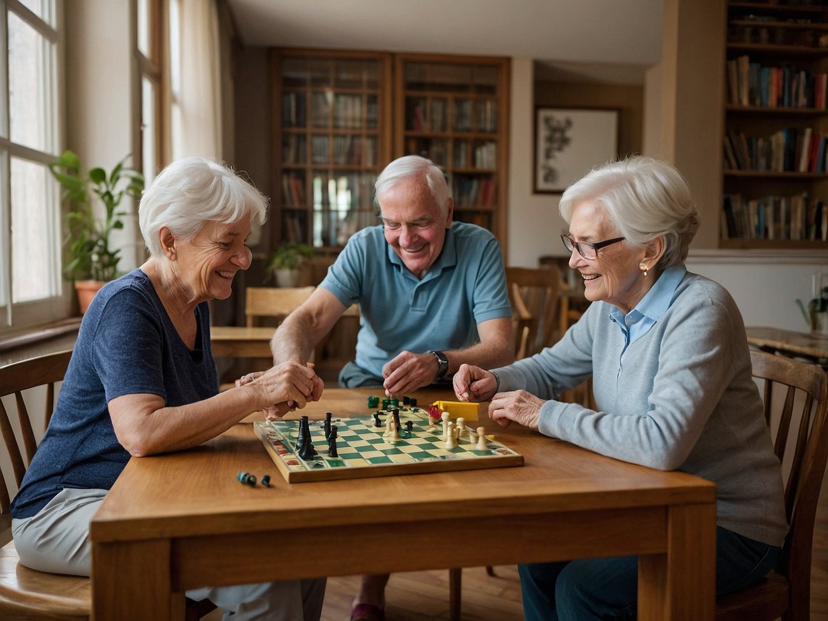 Auf dem Bild sind drei Senioren zu sehen, die an einem Tisch sitzen und gemeinsam Schach spielen. Die Atmosphäre ist freundlich und entspannt. Die Senioren lachen und scheinen Spaß bei dem Spiel zu haben. Im Hintergrund sind Regale mit Büchern zu erkennen, was auf eine gemütliche und inspirierende Umgebung hinweist. Diese Aktivität fördert die mentale Fitness und trägt dazu bei, kognitive Fähigkeiten zu stärken sowie soziale Interaktionen zu pflegen, was langfristig das Wohlbefinden steigert und das Risiko von Demenz verringern kann.