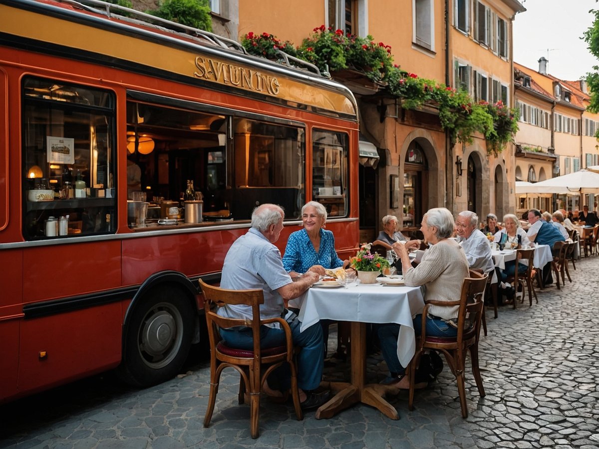 Eine Gruppe älterer Menschen sitzt an Tischen in einem charmanten Straßencafé. Sie genießen ihre Mahlzeiten in einer malerischen Umgebung mit gepflastertem Boden und historischen Gebäuden. Im Hintergrund steht ein rot-weiß gestalteter Bus, der als mobile Gastronomie dient. Die Atmosphäre ist entspannt und freundlich, und es sind Blumen am Fenster und an den Wänden der Gebäude zu sehen, die einladend wirken. Die Senioren unterhalten sich lebhaft miteinander und zeigen Freude an ihrem gemeinsamen Erlebnis.