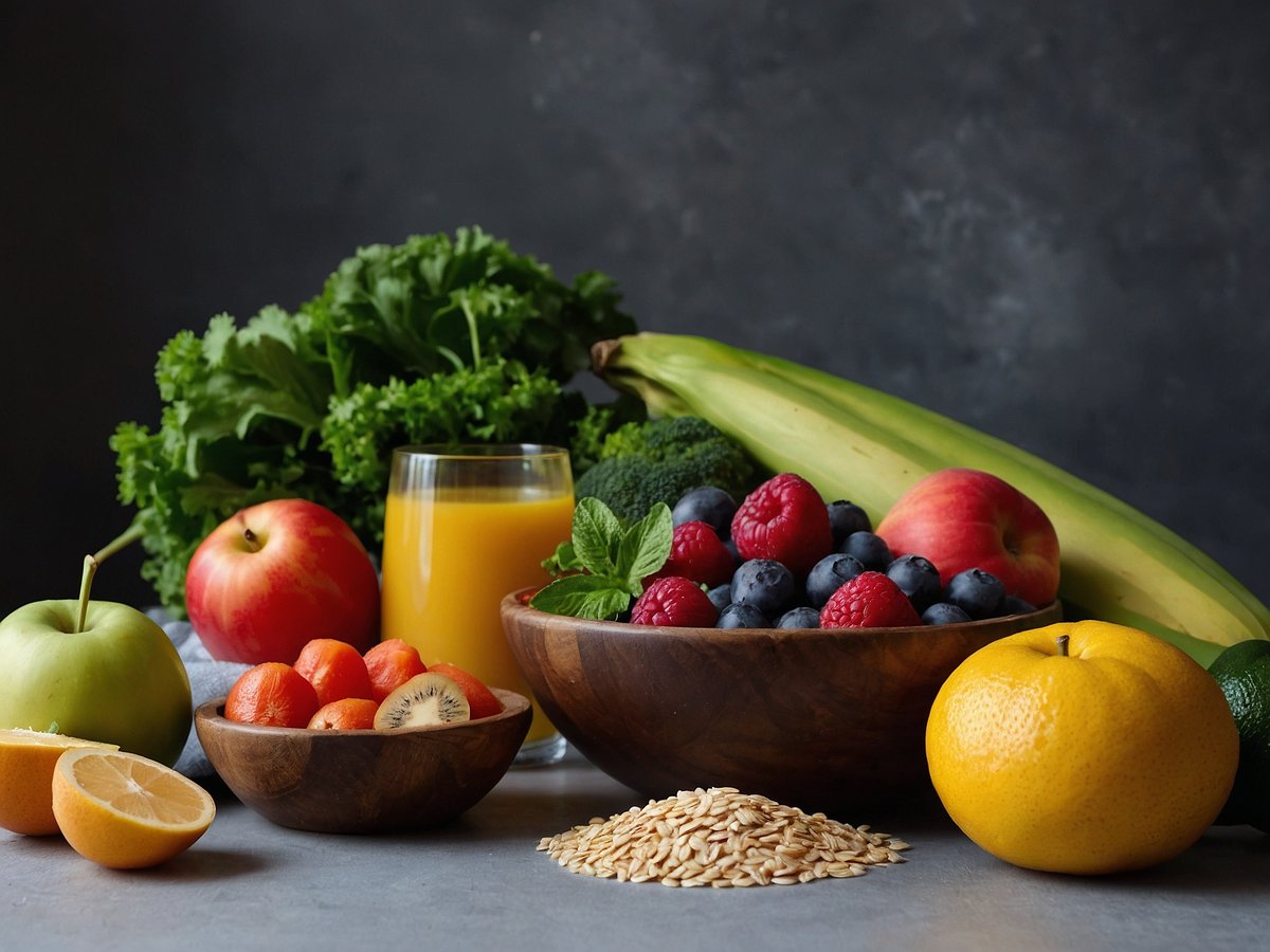 Auf dem Bild sind verschiedene gesunde Lebensmittel zu sehen die eine ausgewogene Ernährung fördern Ein Holzteller enthält eine Vielzahl von Beeren wie Himbeeren und Blaubeeren sowie eine Auswahl an Äpfeln und einer Kiwi daneben liegt eine Schale mit Clementinen und eine halbe Zitrone neben einer gelben Orange der Hintergrund zeigt frisches Grün von Blattsalat und Brokkoli darüber steht ein Glas mit frisch gepresstem Orangensaft und im Vordergrund sind Haferflocken zu sehen die eine gesundheitsfördernde Zutat darstellen das Bild vermittelt eine Botschaft über gesunde Ernährung für ein langes und aktives Leben