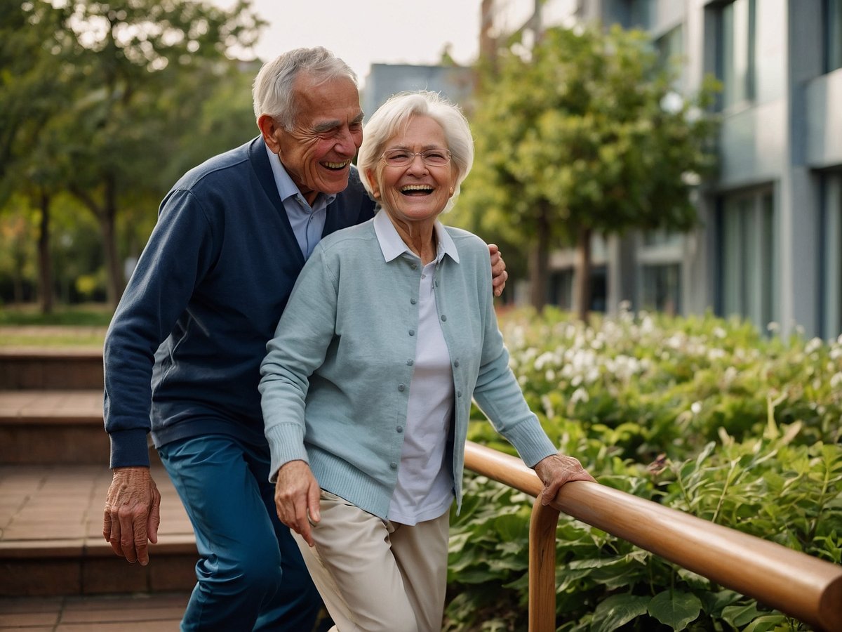 Ein älteres Paar lacht und hat sichtlich Spaß im Freien beim Gehen entlang einer Holzbrüstung in einem parkähnlichen Umfeld. Die Frau trägt einen hellen Pullover und eine Bluse, während der Mann einen dunkelblauen Pullover über einem Hemd trägt. Beide strahlen Freude aus und scheinen sich im Moment wohlzufühlen. Der Hintergrund zeigt eine grüne Landschaft mit Sträuchern und Bäumen, die eine angenehme und gesunde Atmosphäre vermitteln. Ihre Körperhaltung und das Lächeln unterstreichen die Bedeutung regelmäßiger Bewegung und körperlicher Aktivität für ein glückliches und aktives Leben im Alter.