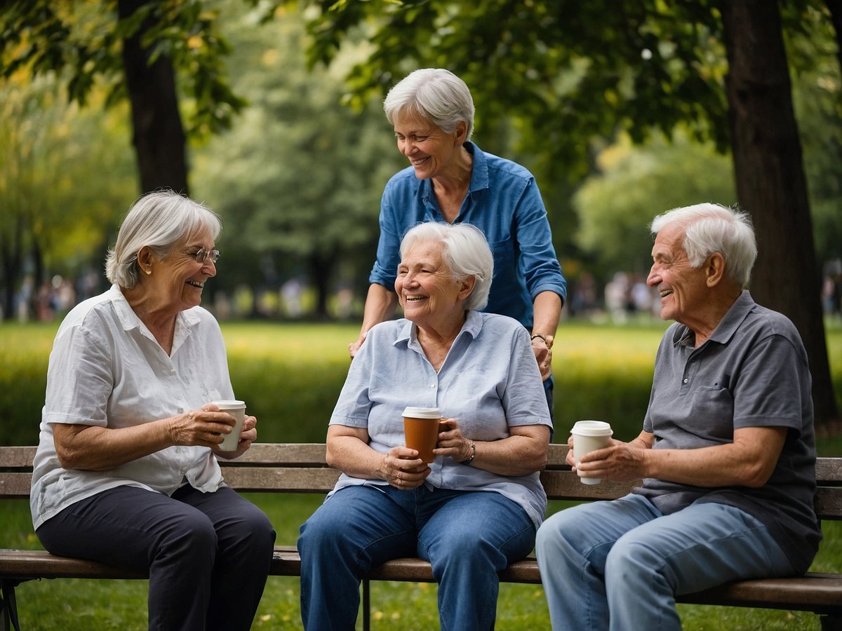 Auf dem Bild sind vier Senioren zu sehen, die auf einer Bank im Freien sitzen und miteinander lachen. Zwei Frauen halten Tassen in den Händen, während eine andere Frau hinter ihnen steht und lächelt. Ein Mann sitzt ebenfalls auf der Bank und schaut freundlich zu, während die Gruppe offensichtlich eine angenehme Zeit zusammen verbringt. Die Szenerie ist von Bäumen umgeben, was eine entspannte und freundliche Atmosphäre schafft. Diese Interaktion verdeutlicht die Bedeutung von mentaler Gesundheit und dem Pflegen sozialer Kontakte im Alter.