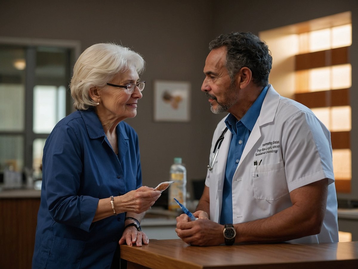Eine ältere Frau steht an einem Tisch und spricht mit einem Arzt, der einen weißen Kittel trägt. Die Frau hat graue Haare und trägt eine Brille sowie ein blaues Oberteil. Der Arzt hat einen Bart und untersucht einen Stift, während er der Frau zuhört. Im Hintergrund sind medizinische Utensilien und eine Wasserflasche sichtbar. Die Szene findet in einem hellen Raum statt, der eine freundliche und vertrauliche Atmosphäre vermittelt.