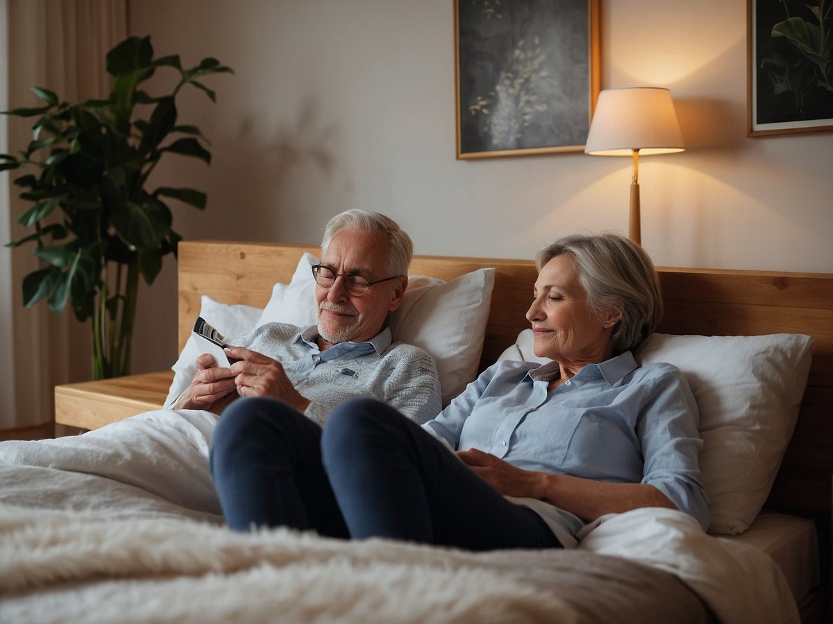 Ein älteres Paar sitzt gemütlich im Bett und betrachtet zusammen ein Mobilgerät. Sie lächeln entspannt und genießen die Zeit miteinander. Im Hintergrund sind eine Nachttischlampe und einige Pflanzen zu sehen, die eine gemütliche Atmosphäre schaffen. Die Bettwäsche ist hell und einladend, während die Umgebung ruhig und freundlich wirkt.