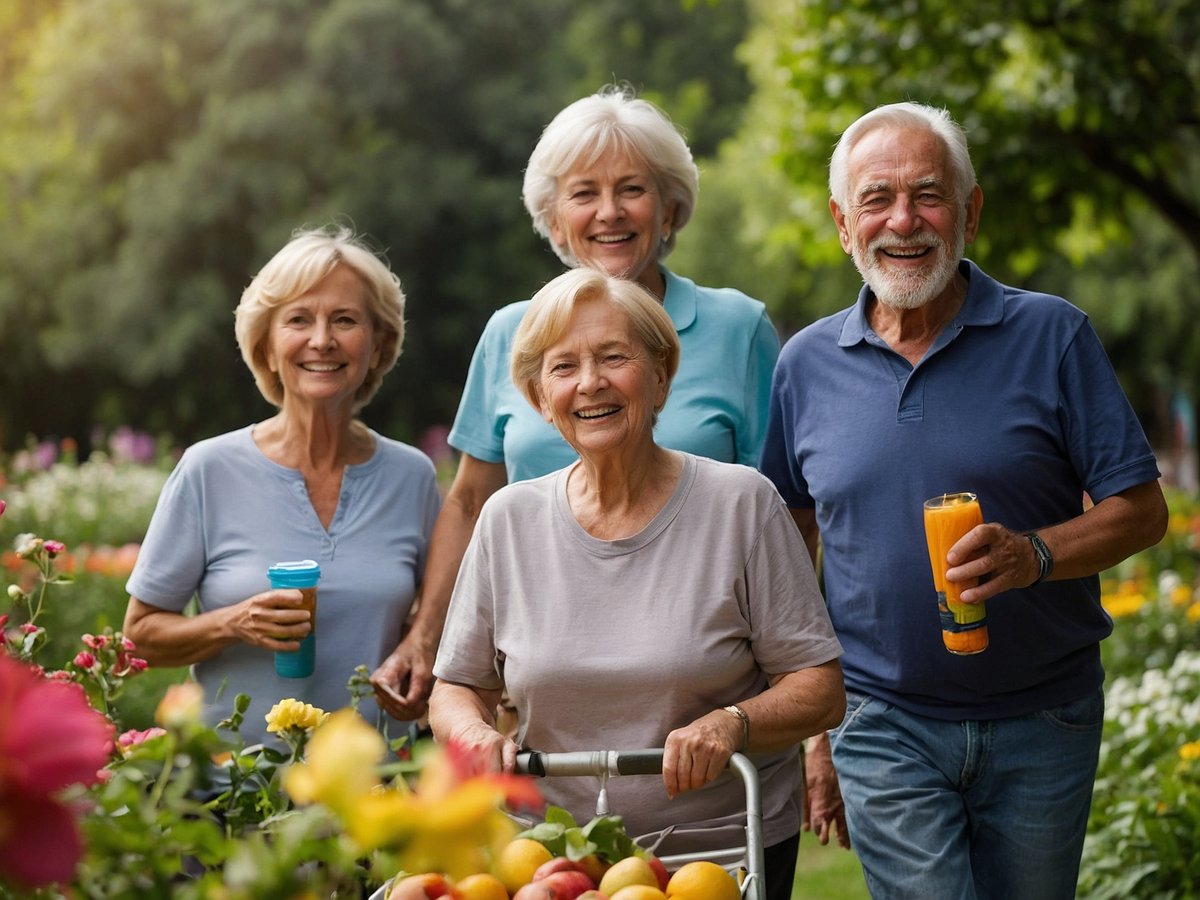Eine Gruppe von vier älteren Menschen steht in einem farbenfrohen Garten mit blühenden Blumen. Der Mann und die drei Frauen lächeln fröhlich in die Kamera. Eine der Frauen schiebt einen Einkaufwagen, der mit frischem Obst gefüllt ist. Außerdem hält eine Frau ein Getränk in der Hand, während der Mann ein Glas mit orangefarbener Flüssigkeit hält. Die entspannte Atmosphäre und die schöne Natur im Hintergrund fördern ein gesundes und aktives Leben im Alter.