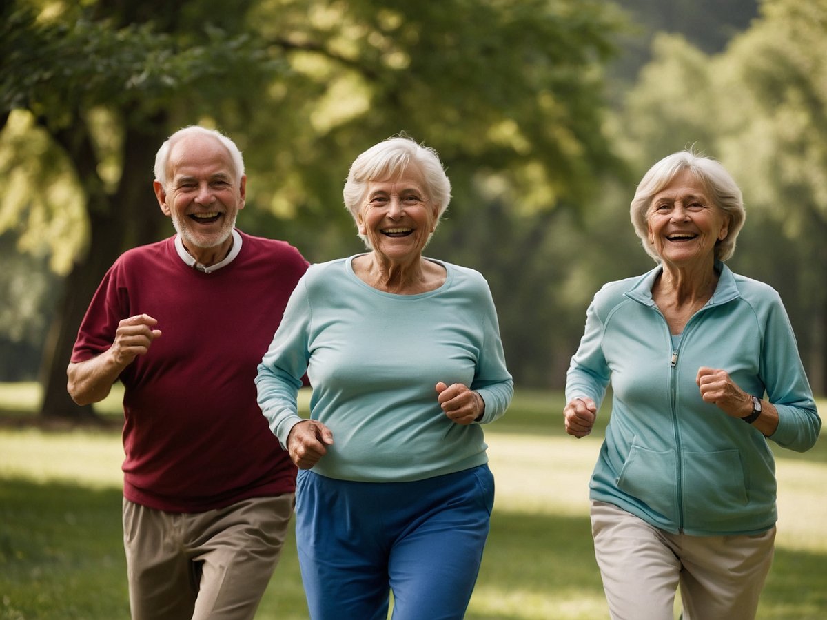 Drei Senioren laufen lächelnd in einem Park auf einer grünen Wiese. Sie sind aktiv und zeigen Freude an der Bewegung. Der Mann links trägt ein rotes Oberteil und beugt sich leicht nach vorne, während er enthusiastisch läuft. Die Frau in der Mitte trägt ein hellblaues Oberteil und lächelt breit. Die dritte Frau rechts in einem ähnlichen hellblauen Outfit hebt die Arme leicht an, während sie mit Freude in Richtung Kamera lächelt. Die Bäume im Hintergrund sorgen für eine angenehme, natürliche Atmosphäre und unterstreichen die Gesundheit und Vitalität der Senioren.
