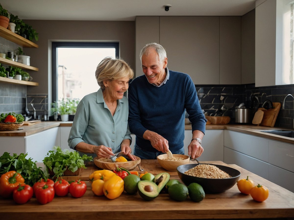 Ein älteres Paar steht in einer modernen Küche und bereitet zusammen gesunde Nahrung zu. Auf der Arbeitsplatte befinden sich verschiedene frische Zutaten wie rote und gelbe Paprika, Tomaten, Avocados, Limetten und grüne Blätter. Das Paar lächelt sich an, während die Frau eine Schale mit Zitronen hält und der Mann eine Schüssel mit Getreide umrührt. Im Hintergrund sind weitere Pflanzen und Küchenutensilien sichtbar, die eine einladende Atmosphäre schaffen.