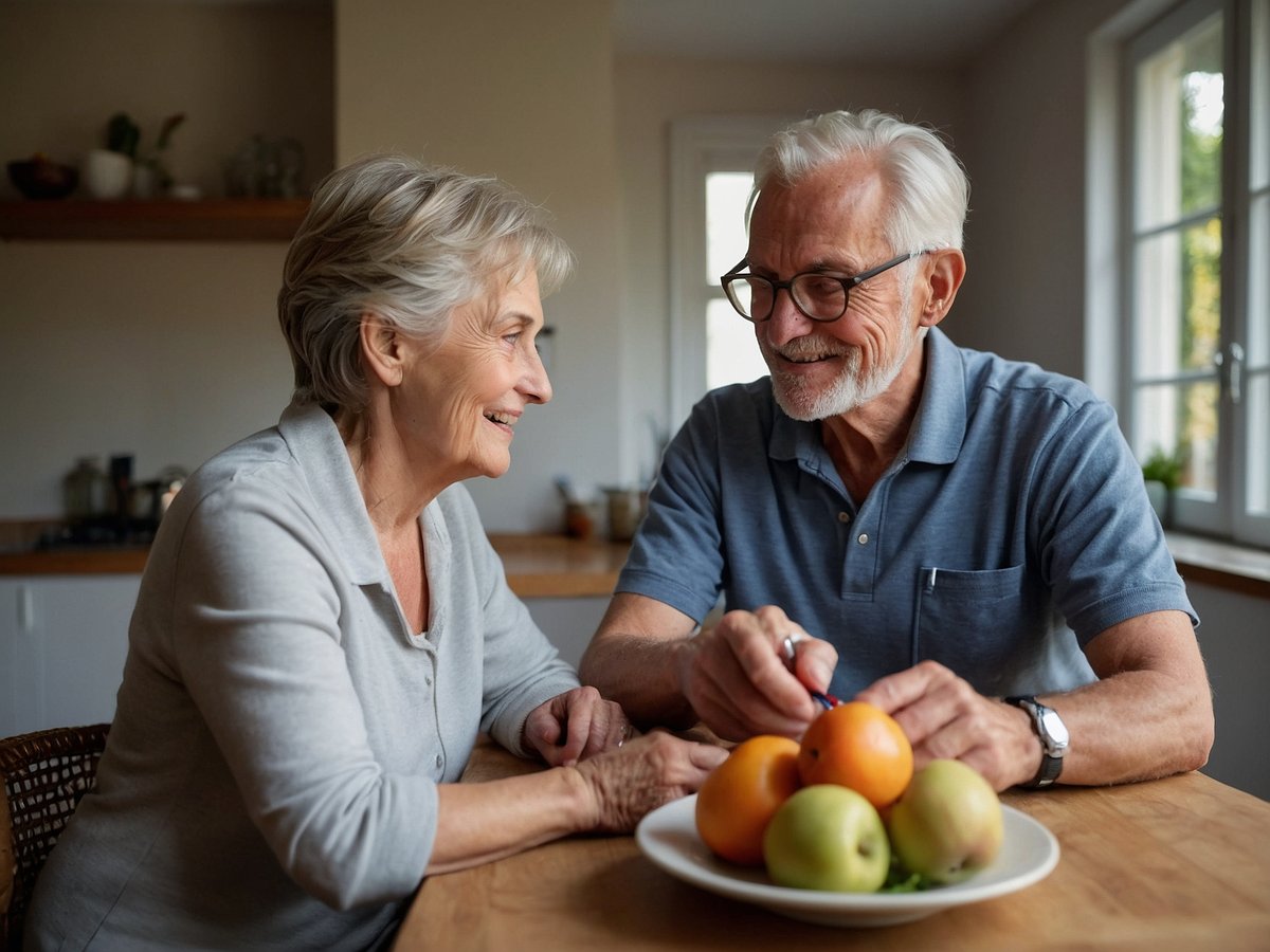 Auf dem Bild sind ein älterer Mann und eine ältere Frau sichtbar, die an einem Tisch sitzen und sich freundlich ansehen. Vor ihnen befindet sich ein Teller mit frischen Früchten, darunter Äpfel und Orangen. Die entspannte Atmosphäre deutet auf eine positive Interaktion hin. Für die Herzgesundheit sind hohe Werte an Obst und Gemüse wichtig, da diese Nährstoffe und Vitamine liefern, die die Gesundheit unterstützen und zur Vorbeugung von Herzkrankheiten beitragen. Regelmäßiger Verzehr kann den Cholesterinspiegel senken und den Blutdruck regulieren.