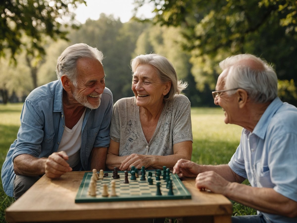 Eine Gruppe von älteren Menschen sitzt entspannt im Freien an einem Tisch und spielt Schach. Die Atmosphäre ist fröhlich und harmonisch. Die Teilnehmer lachen und unterhalten sich lebhaft, während sie sich auf das Spiel konzentrieren. Das Spielbrett zeigt Holzfiguren in zwei verschiedenen Farben auf einem grünem Spielfeld. Die Umgebung ist von üppigem Grün umgeben, und die milden Sonnenstrahlen sorgen für eine angenehme Stimmung. Es ist ein Bild von Gemeinschaft und Lebensfreude, das die Bedeutung von sozialen Aktivitäten und geistiger Fitness im Alter unterstreicht.