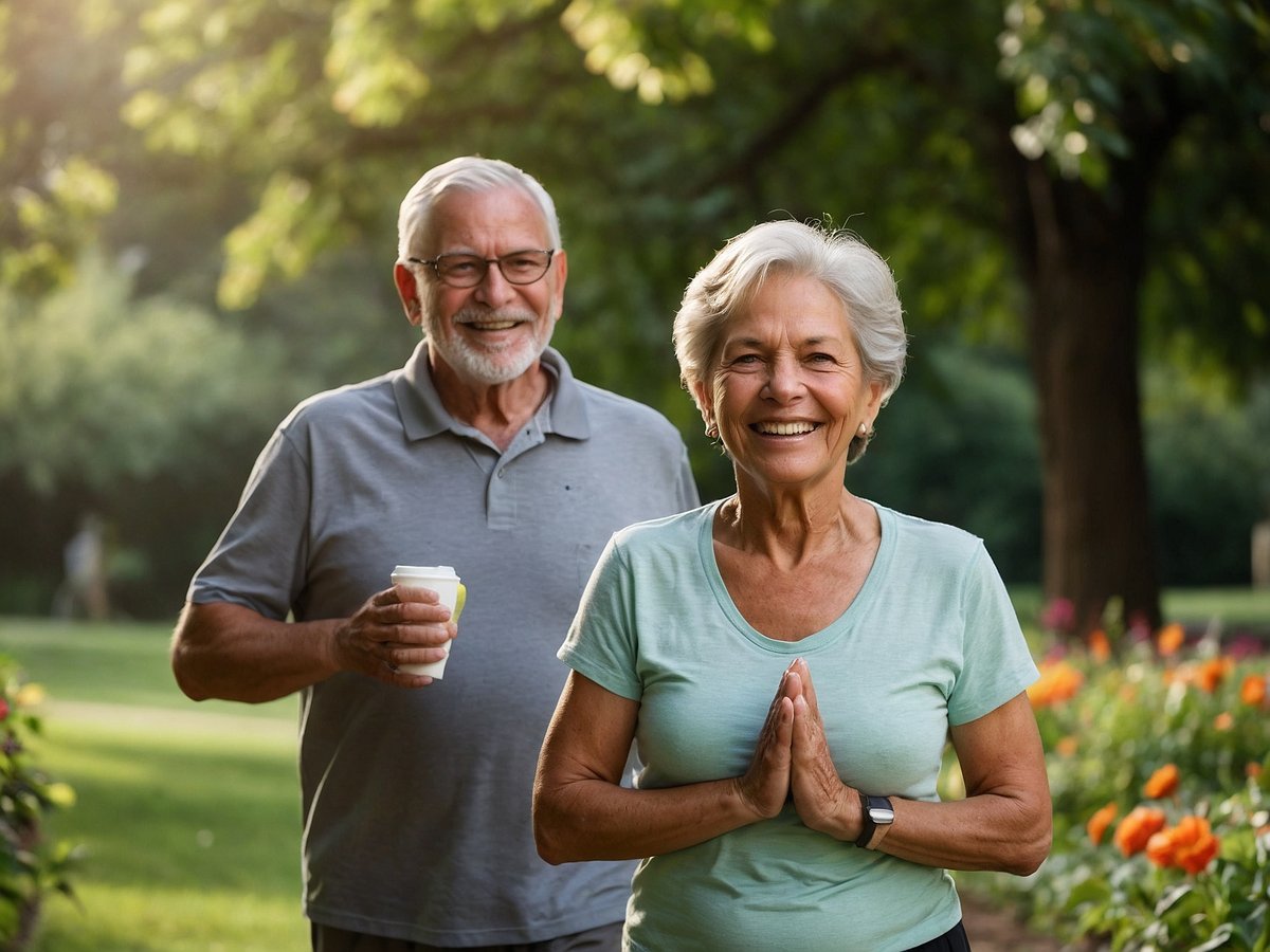 Ein älteres Paar geht gemeinsam im Park spazieren und strahlt Lebensfreude aus. Die Frau trägt ein helles T-Shirt und hat ihre Hände in einer Namaste-Geste zusammengelegt, während sie lächelt. Der Mann hinter ihr hält einen Becher Kaffee und lächelt ebenfalls. Im Hintergrund sind grüne Bäume und bunte Blumen zu sehen. Das Bild vermittelt eine positive Atmosphäre und betont die Bedeutung von aktiver Lebensweise und sozialer Interaktion für die Gesundheit im Alter.
