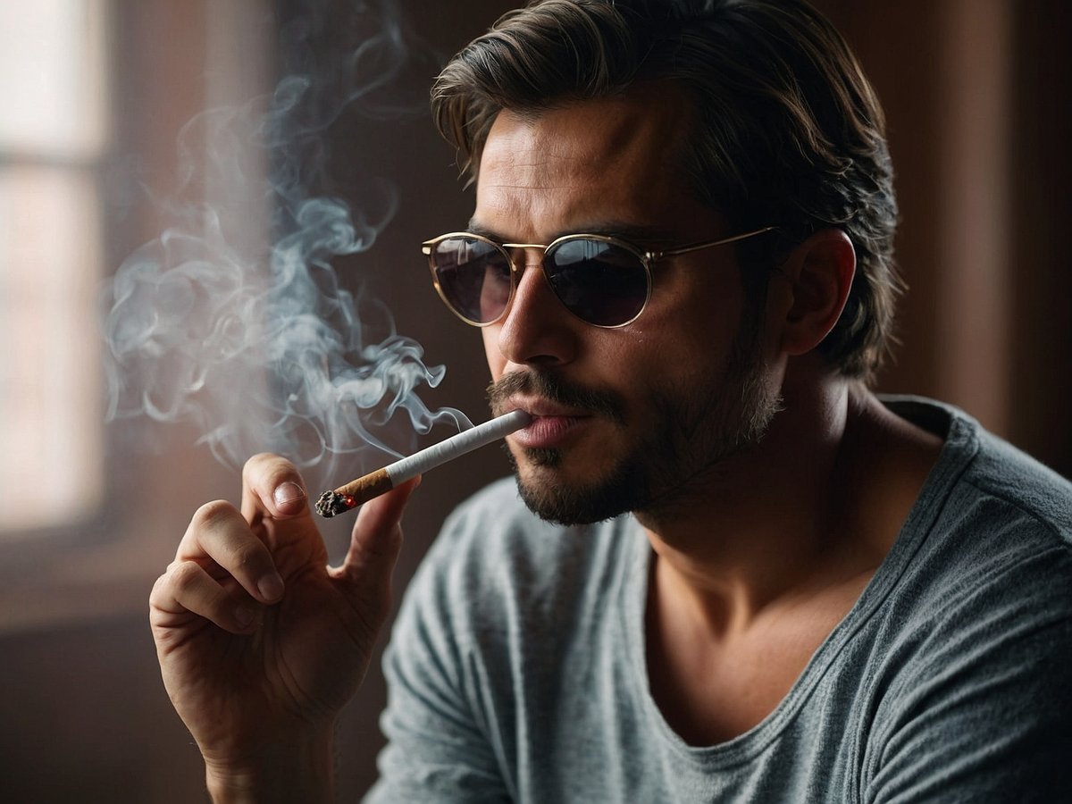 Ein Mann trägt Sonnenbrillen und einen lässigen grauen Pullover und raucht eine Zigarette. Der Rauch steigt um sein Gesicht auf und der Hintergrund ist unscharf, was den Fokus auf ihn verstärkt. Das Bild vermittelt einen entspannten, nachdenklichen Eindruck, während er in die Ferne blickt. Rauchen und Alkohol in übermäßigem Maße sind wichtige Faktoren, die sich negativ auf die Herzgesundheit auswirken können.