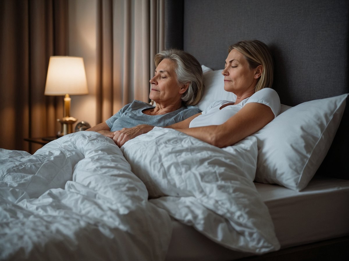 Zwei Frauen liegen entspannt im Bett und schlafen friedlich. Sie sind unter einer weißen Decke zugedeckt, während eine Nachttischlampe sanftes Licht im Hintergrund spendet. Die ruhige Atmosphäre und die Nähe der beiden Frauen vermitteln ein Gefühl von Geborgenheit und Ruhe. Ausreichender Schlaf hat eine bedeutende Rolle für die Herzgesundheit, da er Stress reduziert und das Risiko von Herzkrankheiten senken kann.