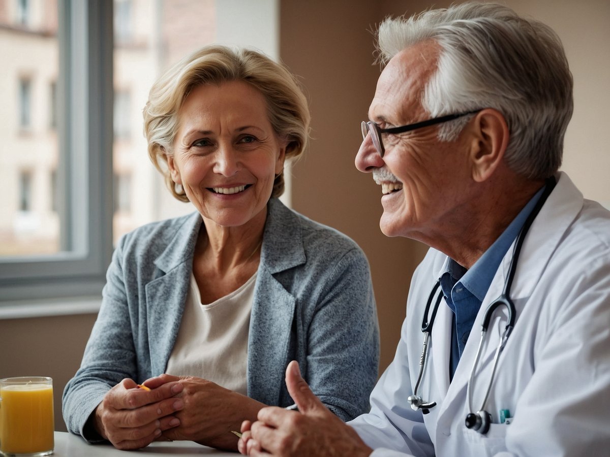 Ein älterer Mann mit grauen Haaren und einer Brille trägt einen weißen Arztkittel und lächelt freundlich. Gegenüber sitzt eine ältere Frau mit blonden Locken, die ebenfalls lächelt und eine graue Jacke trägt. Auf dem Tisch vor ihnen steht ein Glas mit einem gelben Getränk. Im Hintergrund sind große Fenster, die Licht in den Raum lassen, und die Atmosphäre wirkt freundlich und einladend. Die beiden scheinen ein angeregtes Gespräch zu führen, was auf eine allgemeine Vorsorgeuntersuchung zur Sicherung ihrer Herzgesundheit hindeutet.