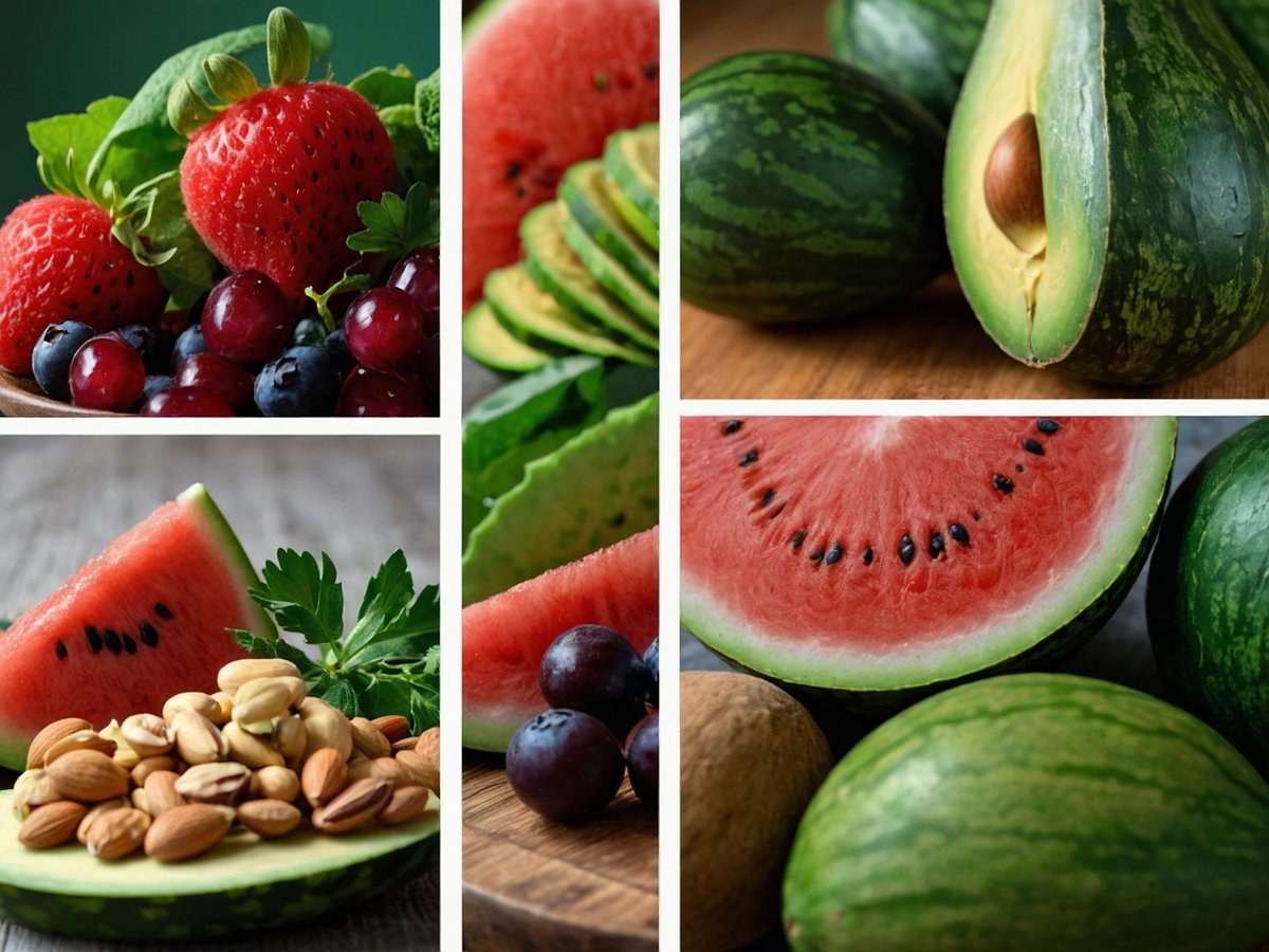 Auf dem Bild sind verschiedene frische Früchte und Gemüse zu sehen die eine wichtige Rolle in einer Ernährung für jugendliche Haut spielen können Es sind Erdbeeren Blaubeeren Trauben und Avocados abgebildet Zudem gibt es Wassermelonenstücke und eine Auswahl an Nüssen auf einer Holzplatte Die leuchtenden Farben und die Vielfalt der Nahrungsmittel vermitteln eine gesunde und ausgewogene Ernährung die reich an Antioxidantien Vitaminen und Mineralien ist um die Haut strahlend und gesund zu halten