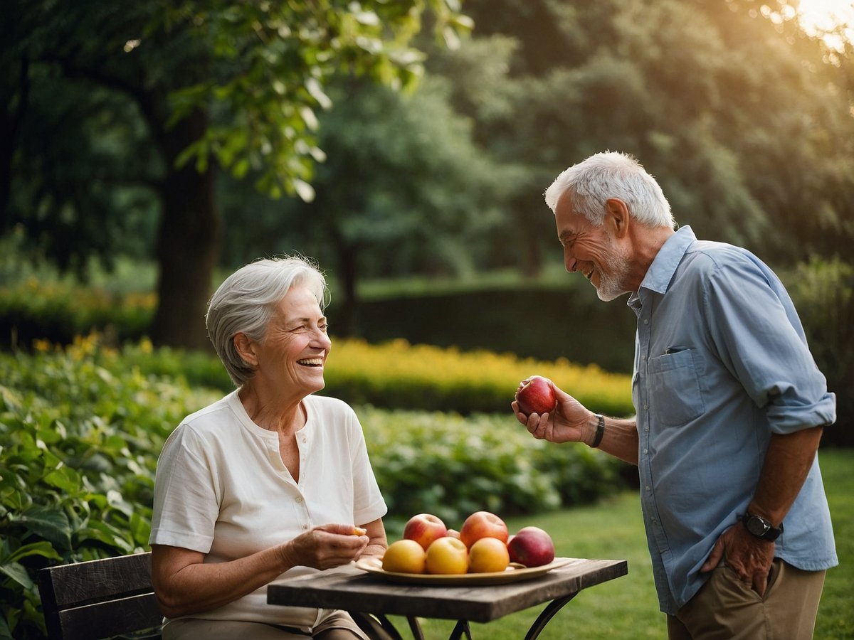Zwei ältere Personen sitzen im Freien an einem Tisch mit frischen Äpfeln. Die Frau lächelt und schaut glücklich, während sie etwas Äpfel in der Hand hält. Der Mann steht daneben und hält einen roten Apfel in der Hand. Im Hintergrund sind grüne Pflanzen und Blumen sichtbar, die eine freundliche und einladende Atmosphäre schaffen. Die Szene strahlt Freude und einen gesunden Lebensstil aus, was wichtig ist für ein frisches Hautbild. Schädliche Gewohnheiten meiden unterstützt dabei, das Wohlbefinden zu fördern.