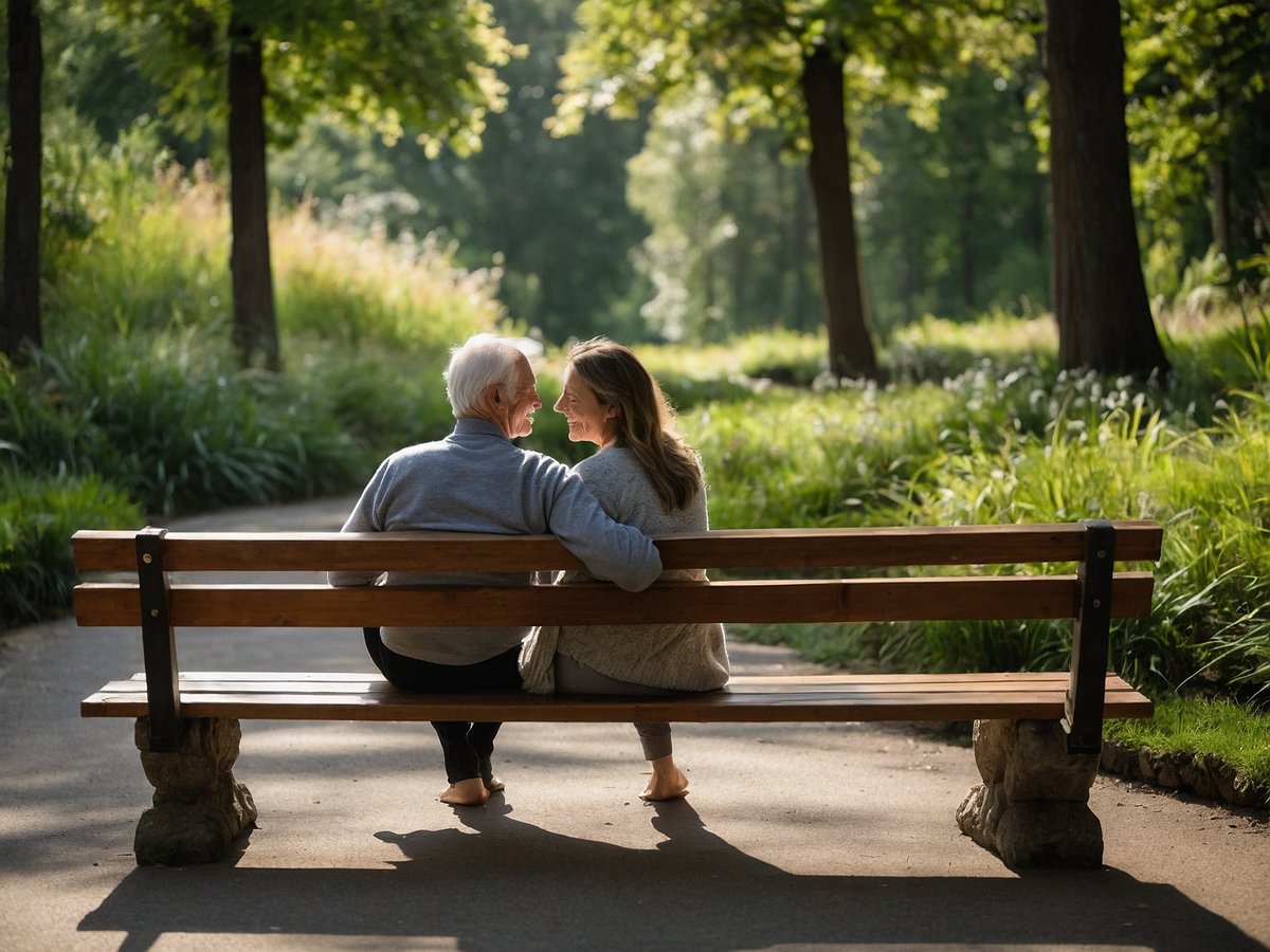 Ein älterer Mann und eine jüngere Frau sitzen auf einer Holzbank in einem schönen Park umgeben von grünen Bäumen und Gras. Sie blicken sich lächelnd an und scheinen einander Freude zu bereiten. Die sanfte Beleuchtung des Tages und die natürliche Umgebung tragen zur positiven Atmosphäre bei und fördern das Wohlbefinden. Stressbewältigung in solch einer friedlichen Umgebung kann zu einer strahlenden Haut und einem gesunden Lebensstil beitragen.