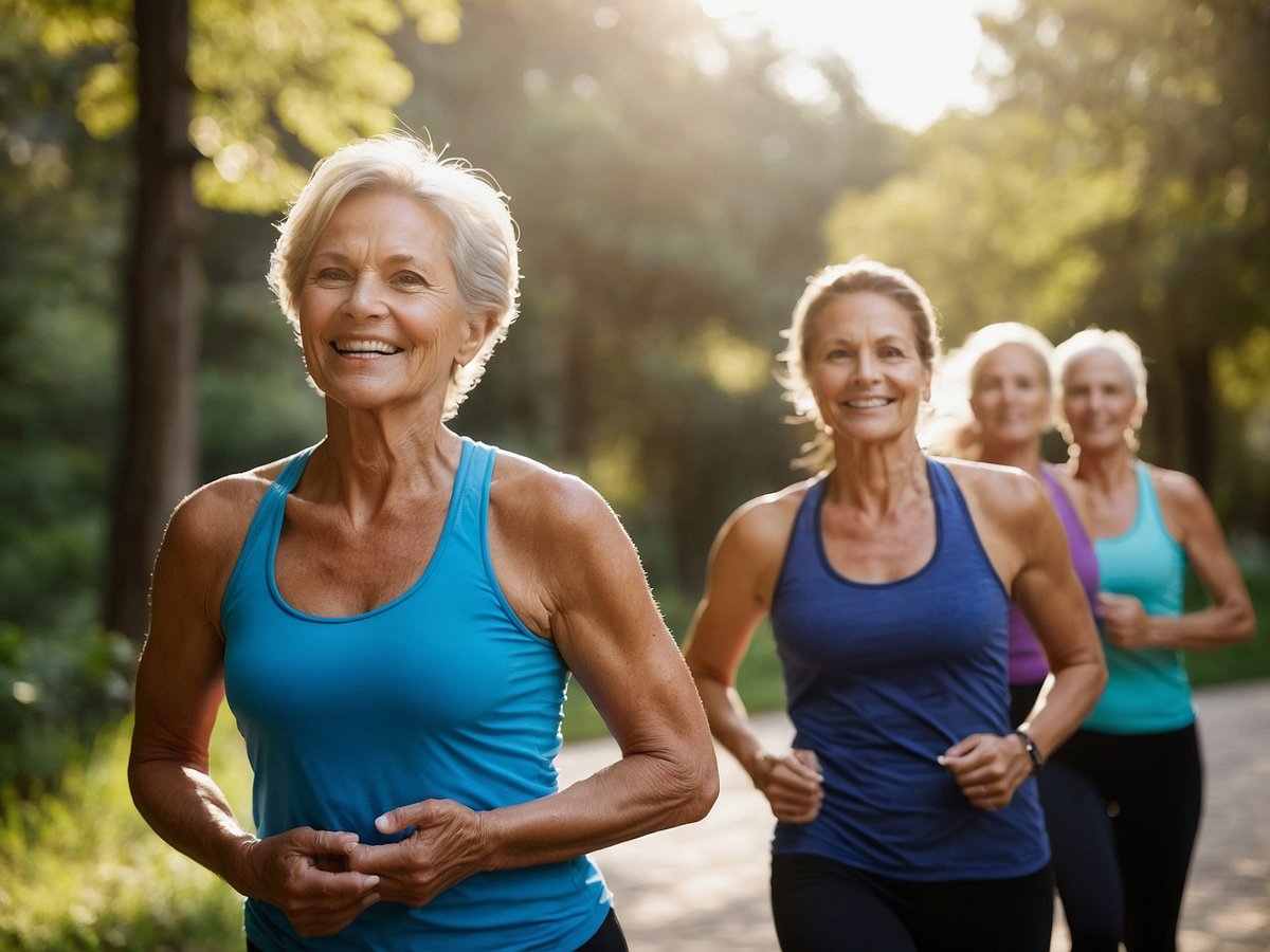 Eine Gruppe von aktiven und fröhlichen älteren Frauen joggt in einem parkähnlichen Umfeld. Die Frau im Vordergrund trägt ein hellblaues Sporttop und hat ein breites Lächeln auf ihrem Gesicht. Ihre Haut ist frisch und strahlt Vitalität aus, während die anderen Frauen hinter ihr ebenfalls lächeln und in sportlichen Outfits gekleidet sind. Die Bewegung erzeugt eine positive Energie, die sowohl die Muskulatur als auch die Haut anspricht und fördert die Durchblutung sowie die Elastizität der Haut. Die Strahlen der Sonne, die durch die Bäume scheinen, tragen zusätzlich zu einem gesunden Teint bei. Die Frauen scheinen Freude an der Bewegung zu haben, was sich in ihrer Ausstrahlung widerspiegelt.