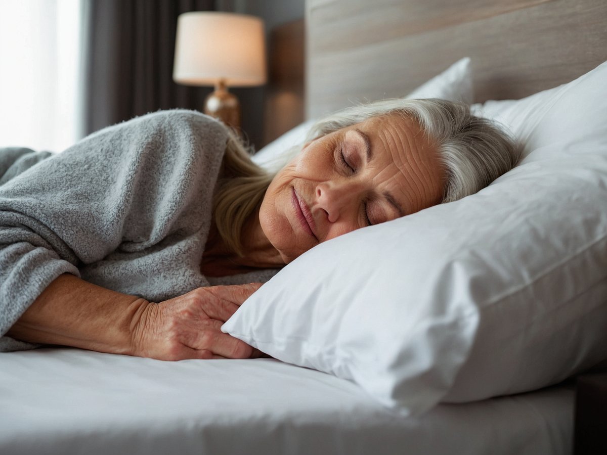Eine ältere Frau liegt entspannt im Bett und schläft friedlich. Sie hat langes graues Haar und trägt einen grauen Morgenmantel. Ihr Kopf liegt auf einem weißen Kissen und ihre Augen sind geschlossen. Im Hintergrund ist eine sanfte Beleuchtung von einer Lampe zu sehen, die eine ruhige Atmosphäre schafft. Die Umgebung ist gemütlich und ansprechend eingerichtet, was die entspannte Stimmung unterstreicht. Schlaf wird hier als geheime Waffe gegen Hautalterung dargestellt.