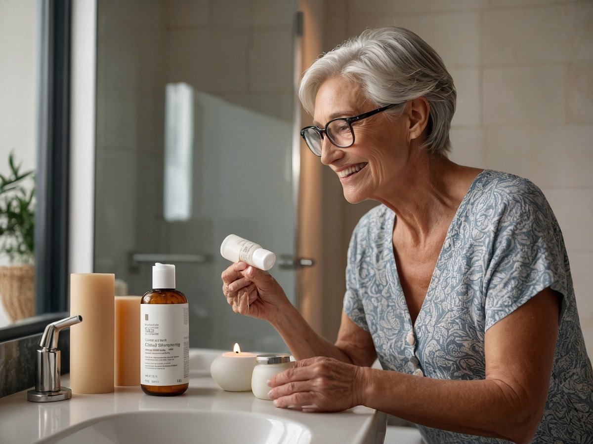 Eine ältere Frau mit kurzen grauen Haaren und einer Brille steht vor einem Waschbecken in einem Badezimmer und lächelt. Sie hält ein kleines Produkt für die Hautpflege in der einen Hand und betrachtet es mit Interesse. Auf der Waschbeckenfläche stehen mehrere Hautpflegeprodukte, darunter eine größere Flasche mit einem Pumpspender und zwei kleine Tiegel sowie zwei Kerzen, die eine angenehme Atmosphäre schaffen. Im Hintergrund sind Fenster zu sehen, die natürliches Licht hereinlassen, und eine Pflanze trägt zur entspannenden Stimmung bei.