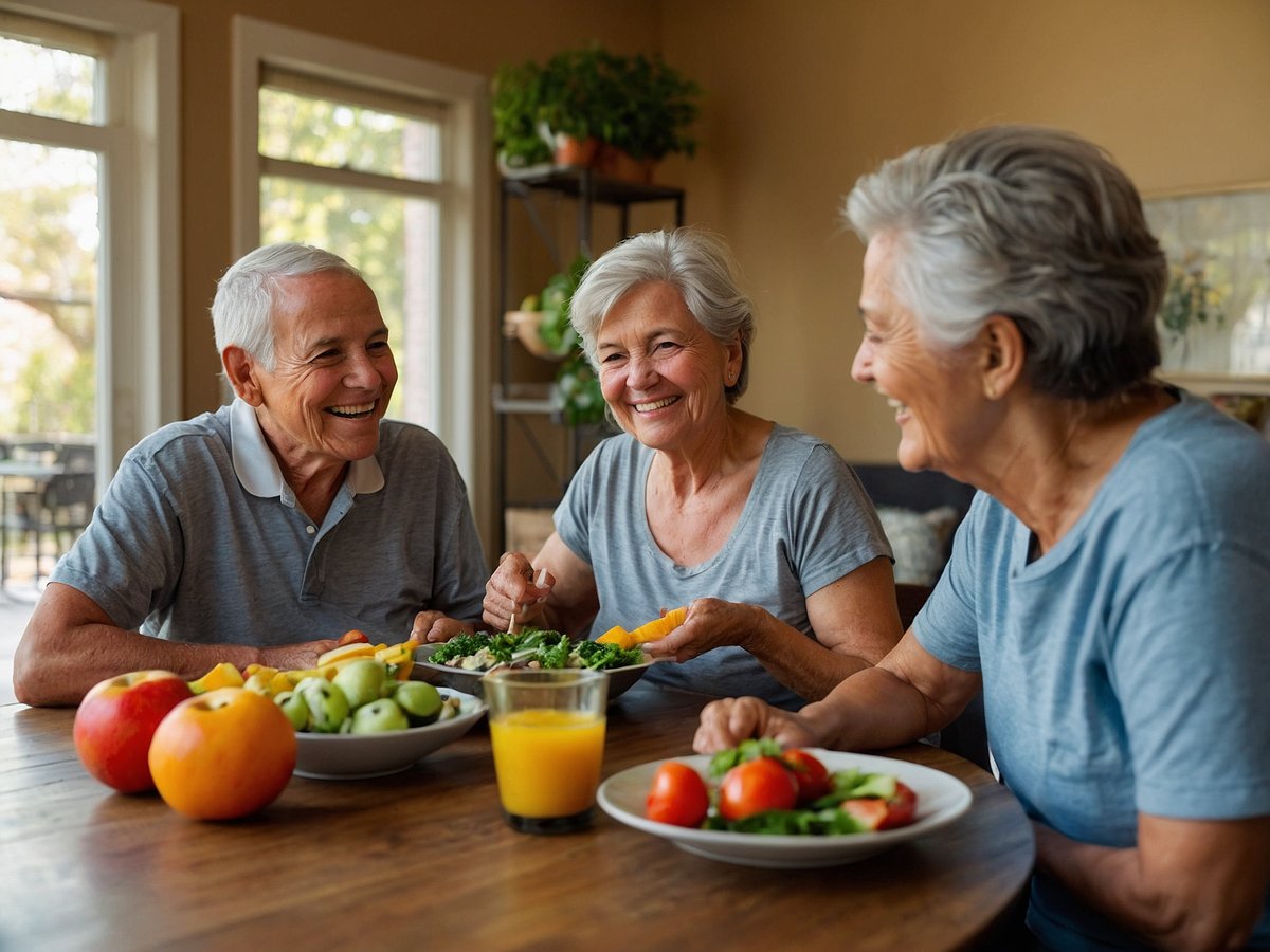 Drei ältere Menschen sitzen gemeinsam an einem Tisch und genießen eine Mahlzeit. Auf dem Tisch sind verschiedene gesunde Lebensmittel wie Äpfel, grüne Äpfel, ein Glas orangensaft und Salate angerichtet. Die Atmosphäre ist freundlich und entspannt, während die Personen miteinander lachen und sich unterhalten. Die Szene vermittelt die Bedeutung einer ausgewogenen Ernährung und gemeinsamer Essenszeiten für das Wohlbefinden und die soziale Interaktion im Alter.