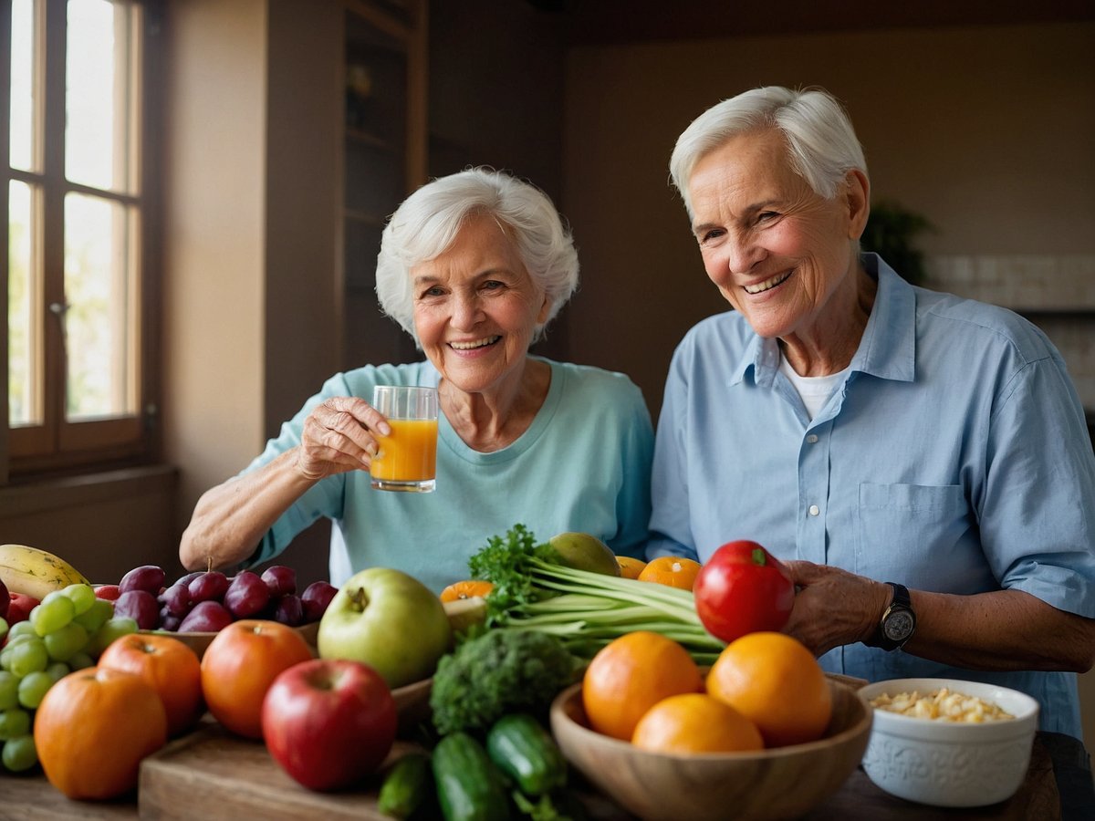 Ein älteres Ehepaar steht an einem Tisch voller frischem Obst und Gemüse. Die Frau hält ein Glas mit orangem Saft und lächelt. Auf dem Tisch liegen verschiedene Obstsorten wie Äpfel, Bananen, Trauben, Orangen und eine Reihe von Gemüse wie Gurken und Sellerie. In einer Schüssel befindet sich eine Mischung aus geschnittenem Obst. Die beiden Personen wirken erfreut und genießen die Zeit zusammen, umgeben von gesunder Ernährung.