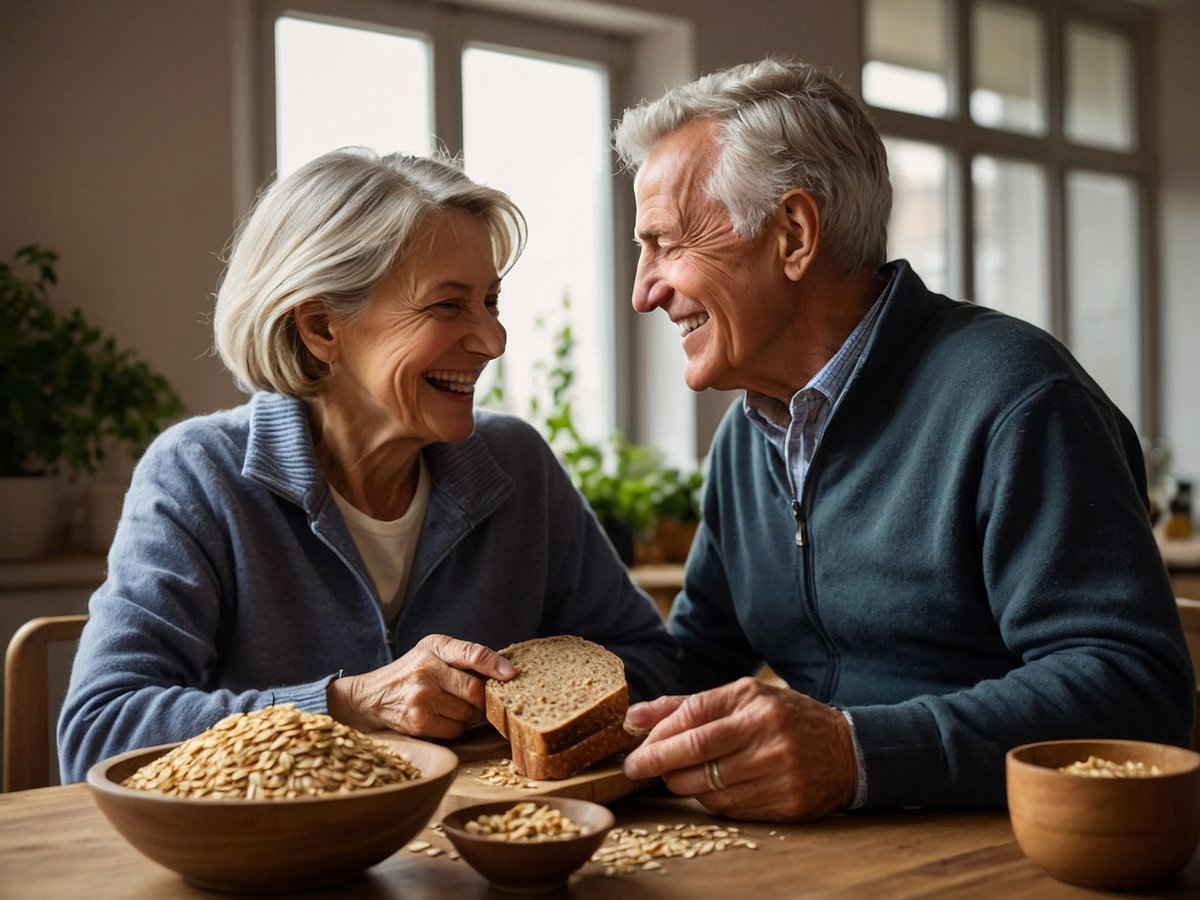 Ein älteres Paar sitzt an einem Tisch in einer hellen und freundlichen Küche. Sie lachen und blicken sich an, während die Frau ein Stück Vollkornbrot in der Hand hält. Auf dem Tisch sind verschiedene Schalen mit Haferflocken und anderen Vollkornprodukten zu sehen. Pflanzen im Hintergrund tragen zur einladenden Atmosphäre bei.