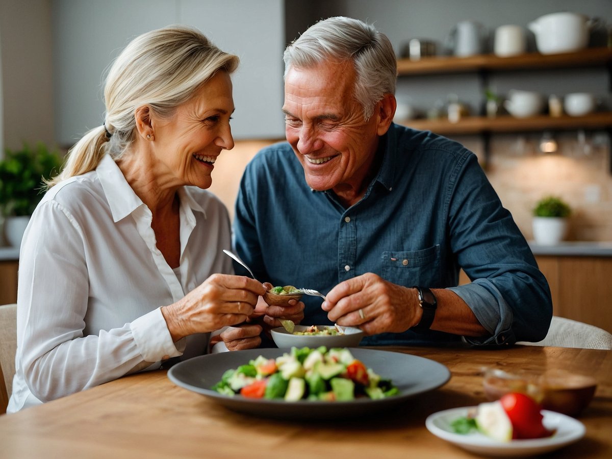 Zwei Seniorinnen sitzen an einem Tisch und lachen miteinander während sie eine gesunde Mahlzeit genießen. Auf dem Tisch ist ein großer Teller mit frischem Salat, der gesunde Fette wie Avocado und Olivenöl enthält, die wichtig für die Herzgesundheit und das allgemeine Wohlbefinden sind. Die freundliche Atmosphäre und das gesunde Essen fördern die Lebensqualität und das gemeinsame Erlebnis des Essens.