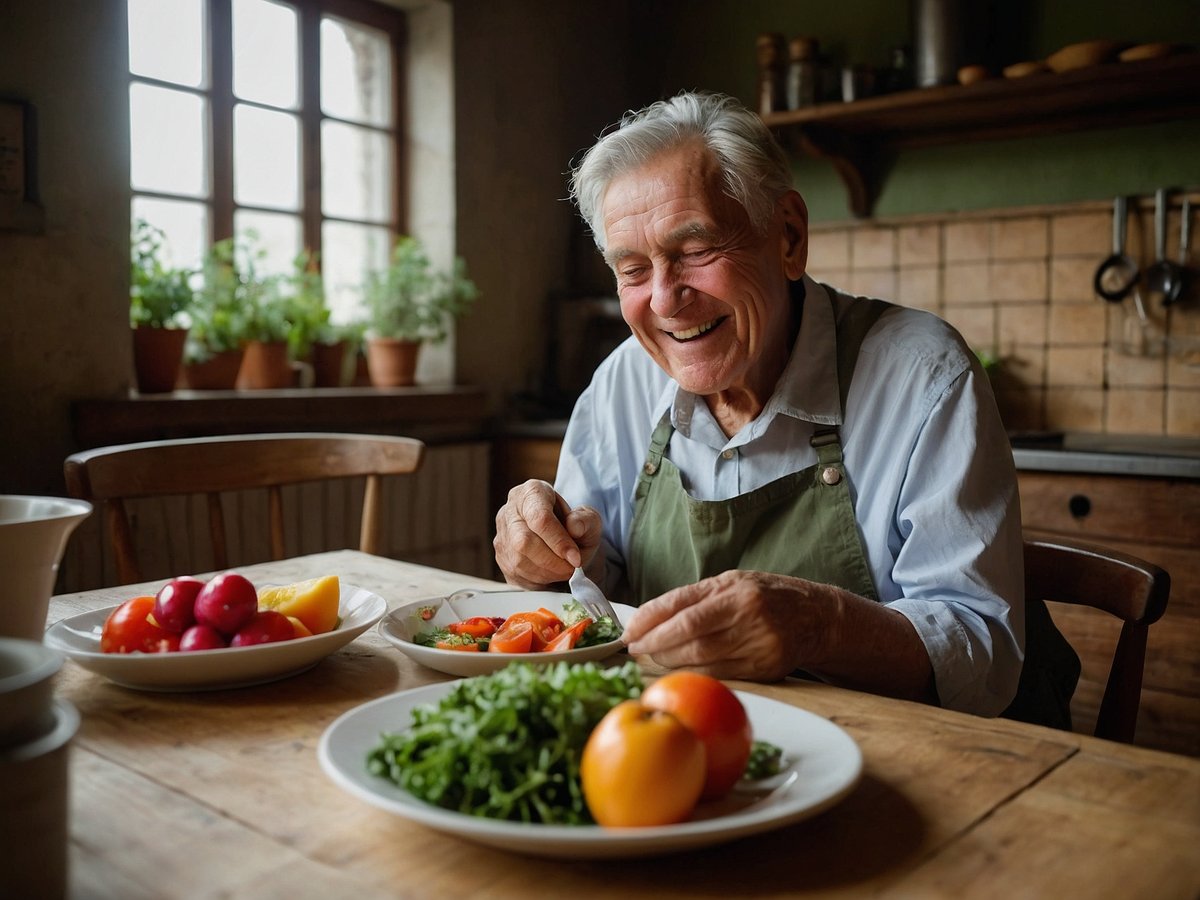 Ein älterer Mann sitzt an einem Holztisch in einer gemütlichen Küche und genießt sein Essen. Er trägt ein grünes Schürze und lächelt, während er mit einer Gabel frisches Gemüse auf einem Teller zubereitet. Vor ihm stehen mehrere Teller mit verschiedenen Obst- und Gemüsesorten, darunter Tomaten, Salat und Äpfel. Sonnenlicht strahlt durch ein Fenster im Hintergrund, und in den Fenstern sind grüne Pflanzen zu sehen, die eine einladende Atmosphäre schaffen.