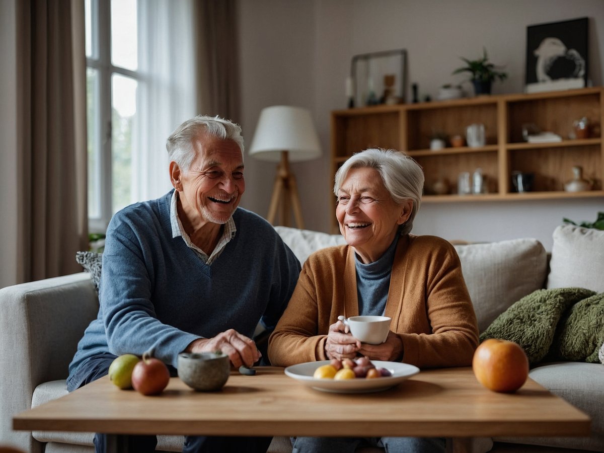Ein älteres Ehepaar sitzt an einem Tisch in einem gemütlichen Wohnzimmer. Beide lachen und wirken glücklich miteinander. Der Mann trägt einen blauen Pullover und die Frau einen braunen Cardigan. Auf dem Tisch sind verschiedene Obstsorten sowie eine Tasse und eine kleine Schale. Im Hintergrund sieht man Regale mit Pflanzen und Wohnaccessoires. Das Licht fällt sanft durch ein Fenster und trägt zur warmen Atmosphäre bei.
